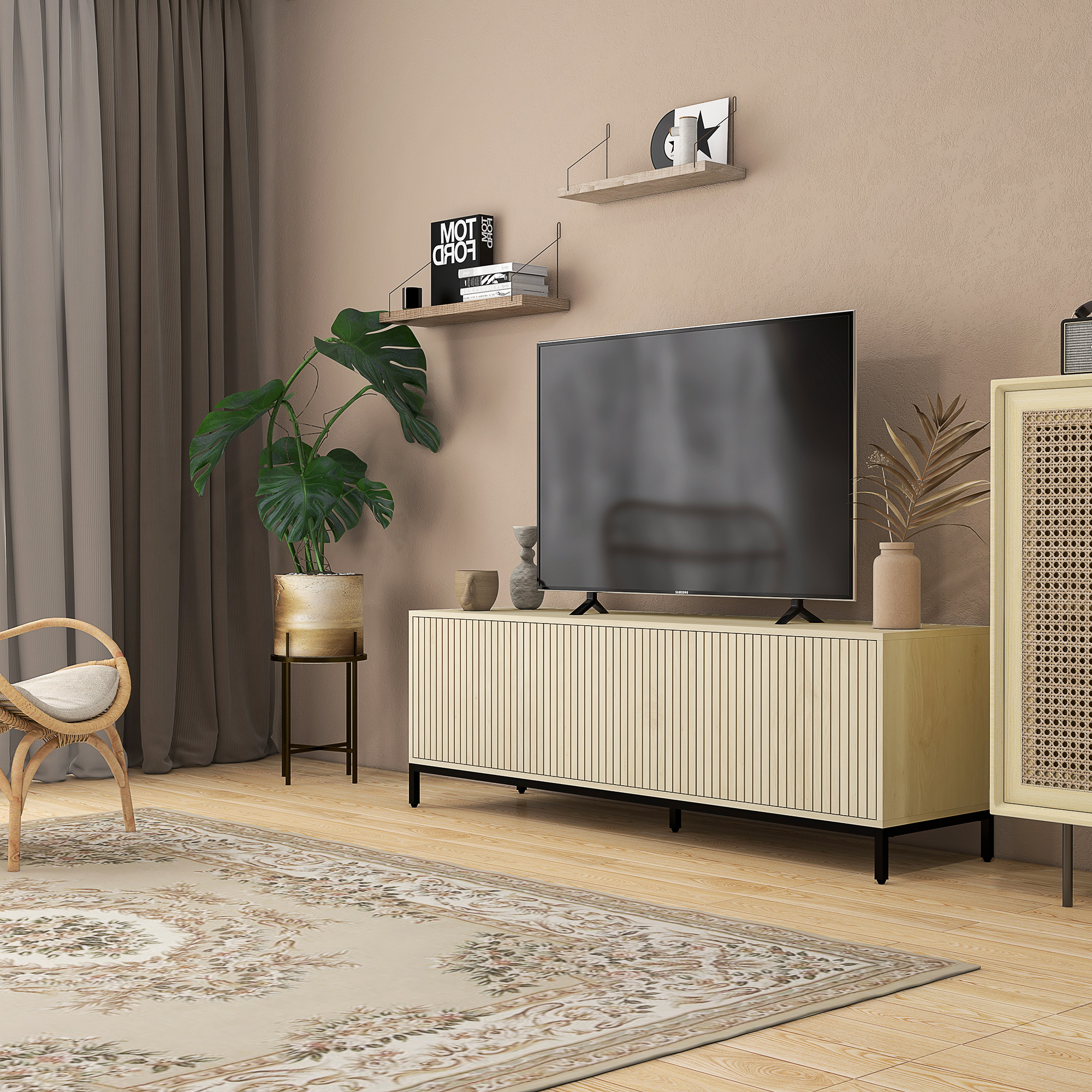 HOMCOM TV-Bank im Skandi-Design, 3 Schrankfächer, versetzbare Einlegeböden, Kabelmanagement, 150 x 40 x 51 cm