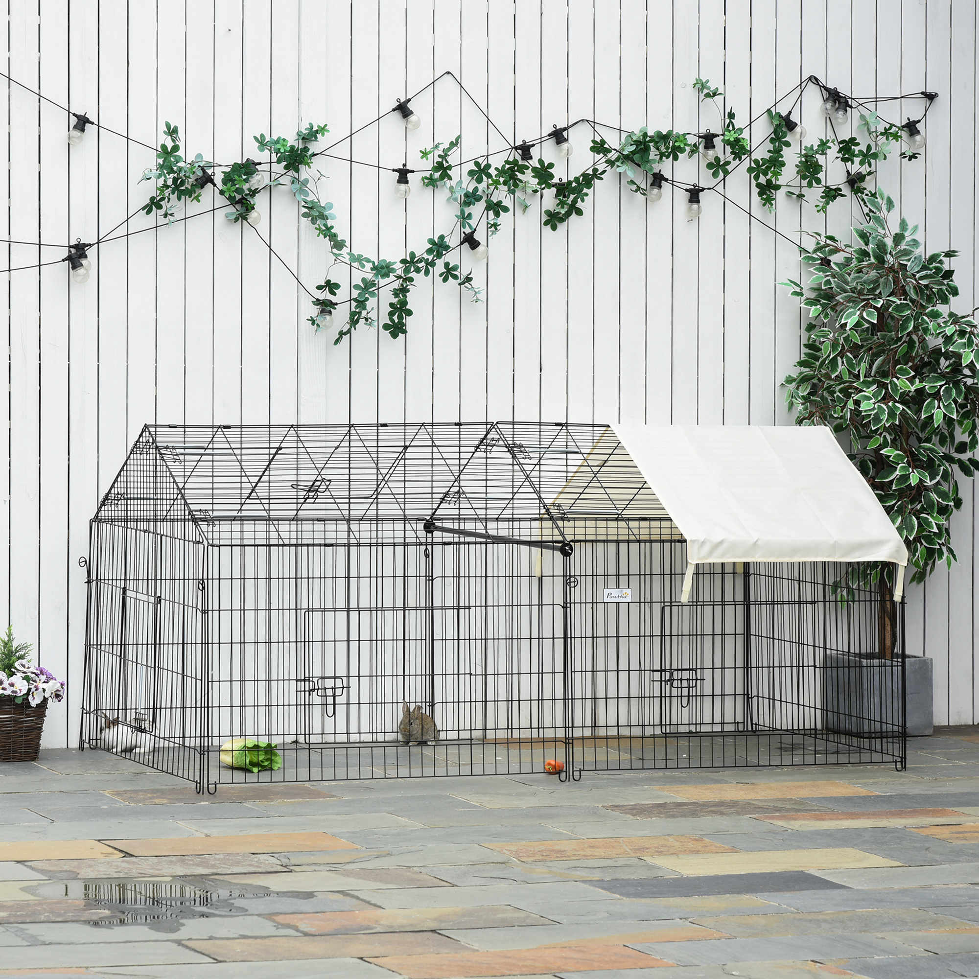 PawHut Laufgitter für Kleintiere, Außengehege, 4 Bodenspieße, 220 cm x 103 cm x 103 cm, Schwarz + Beige