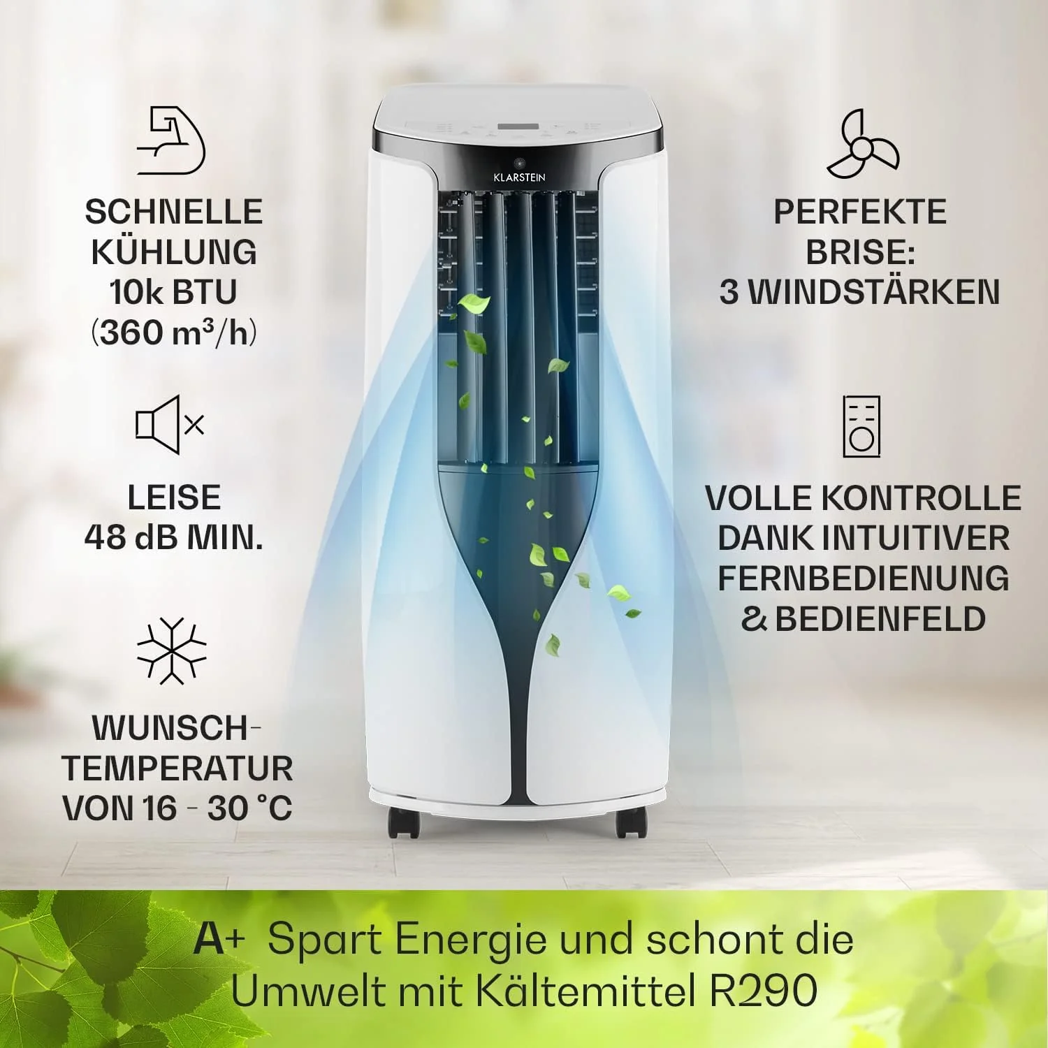 Klarstein Mobiele Airconditioner met Afvoerslang, 3-in-1 Airco met Ventilator & Luchtontvochtiger, Kleine & Draagbare Airco voor Thuis & op Kantoor, 10000 BTU AC met Laag Verbruik