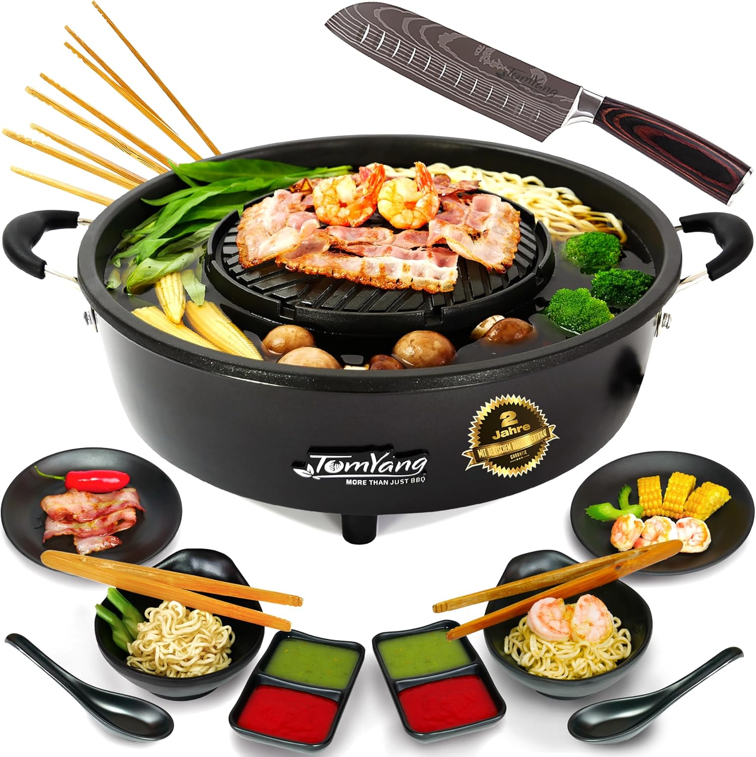 TomYang Hot Pot Premium – con Accessori Premium e Coltello Santoku. L’Originale Thai Grill e Hot Pot, Rivestimento Antiaderente Svizzero. Korean BBQ Grill, Hotpot, Pentola Mookata