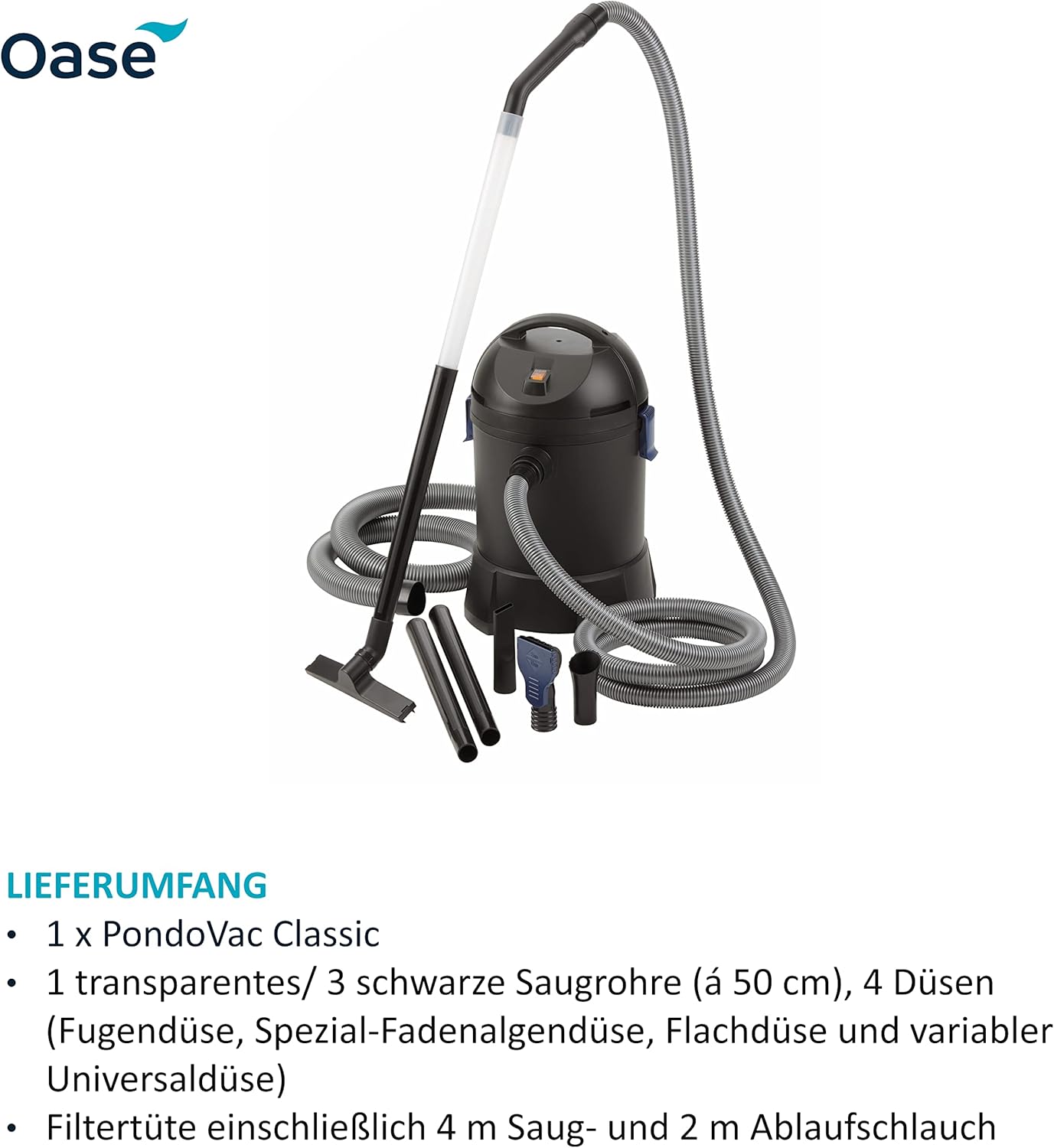 Oase 50529 PondoVac Classic, 1400 W, 3000 l/h - Teichschlammsauger, Reinigung und Wasseraufbereitung inkl. 4 Saugdüsen für für Teiche aller Art und Haushalt