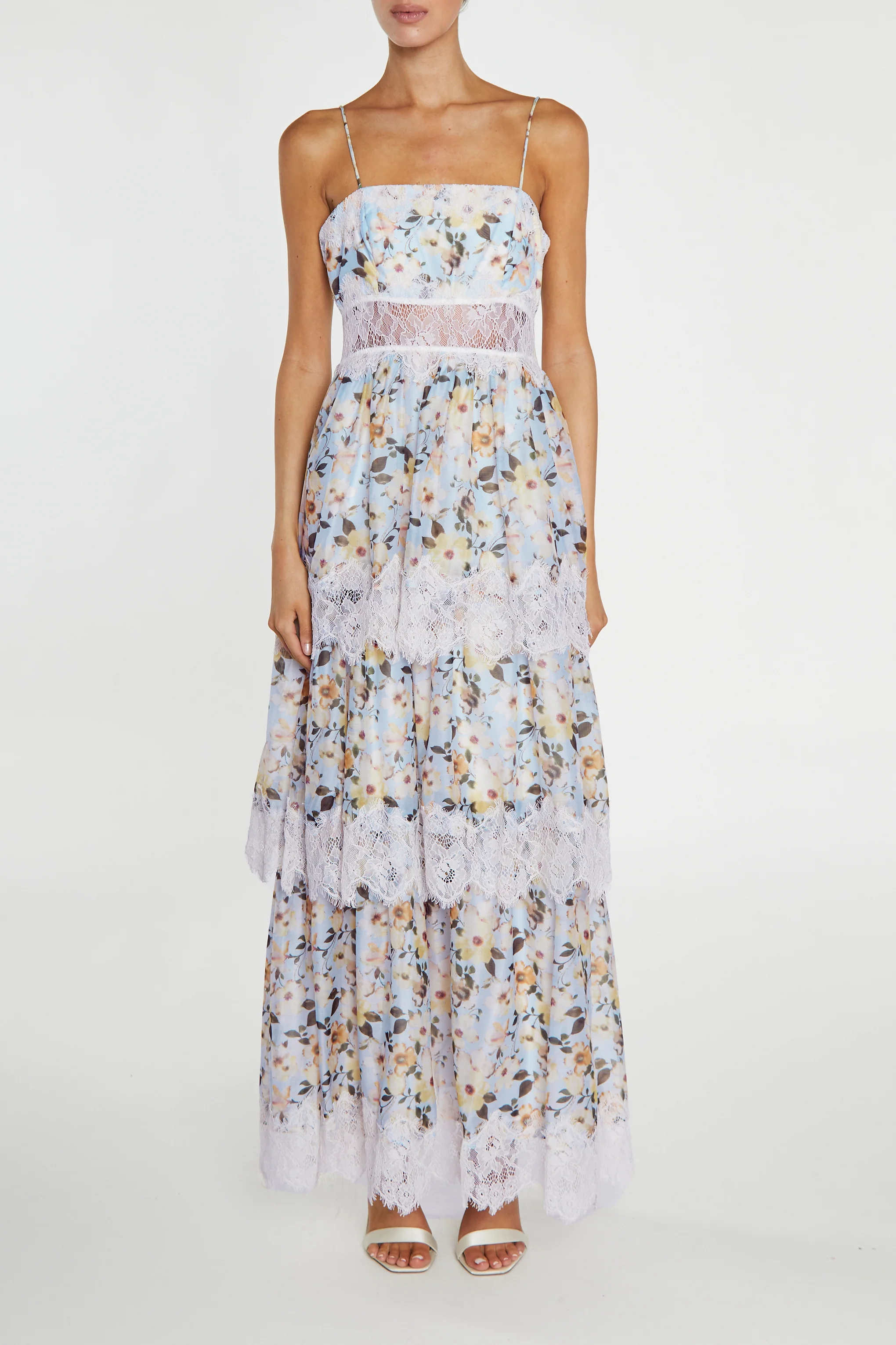 Maisie Pale-Blue Flower Organza Tiered Strappy Maxi-Dress