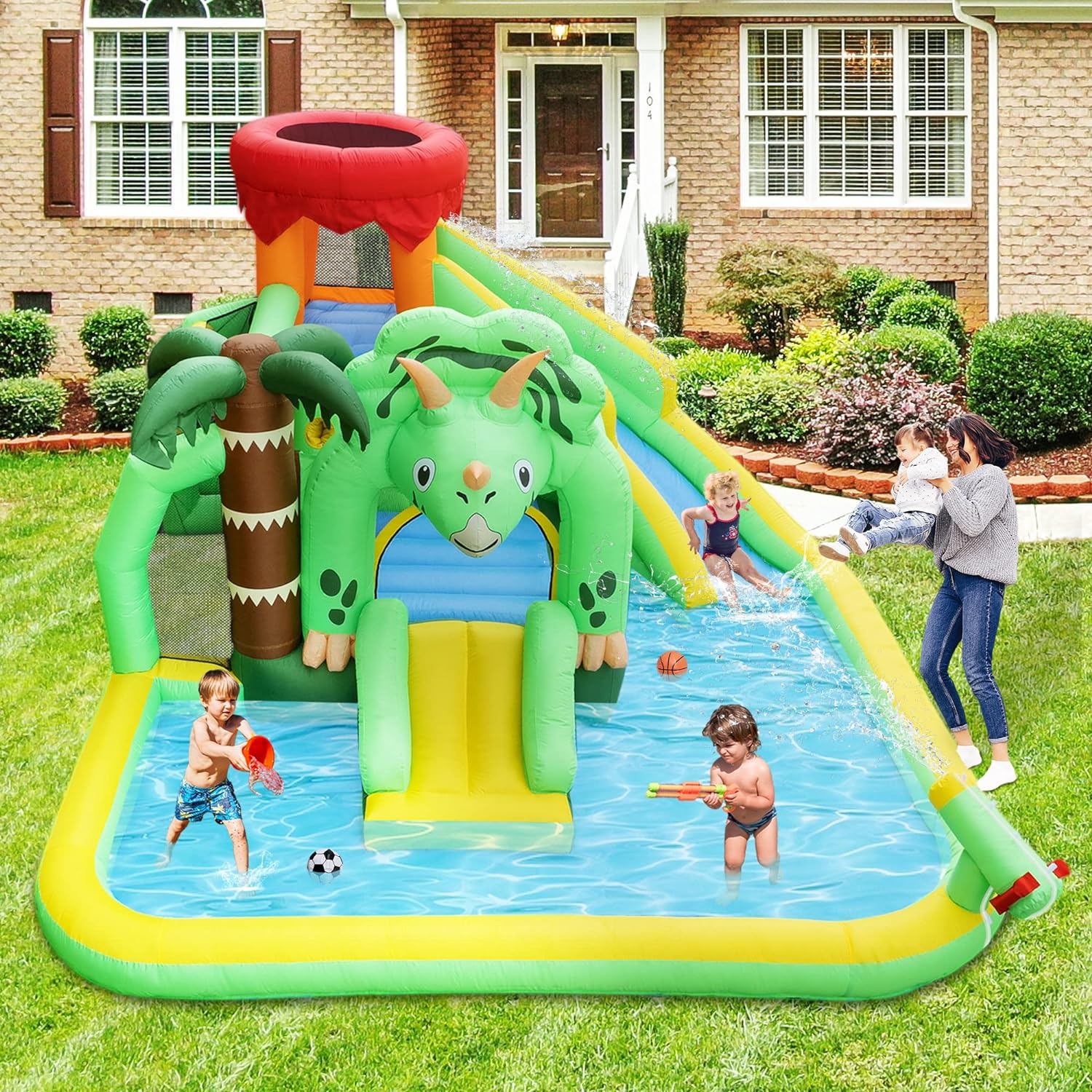 Beyond Your Thoughts Crocodile Inflatable Water Slide for Kids, Durable Bounce House with Pool & Climbing Wall, Includes Air Blower, Ages 3 10