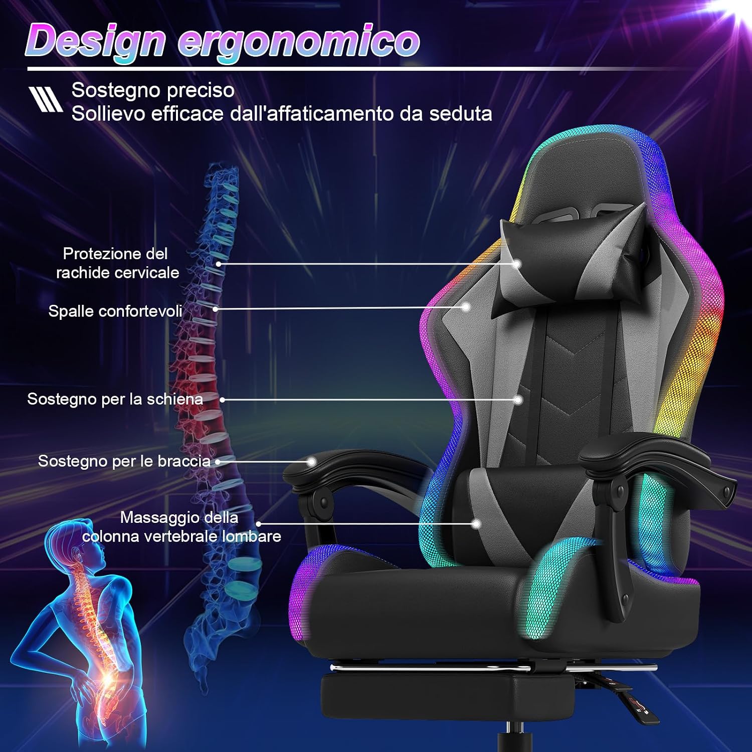 Devoko Sedia da Gaming con Massaggiante Schienale Regolabile 90-135°, Sedia Gaming con LED e Poggiapiedi Telescopico,Poltrona Gaming Ergonomica Portata 150 kg (Gray)