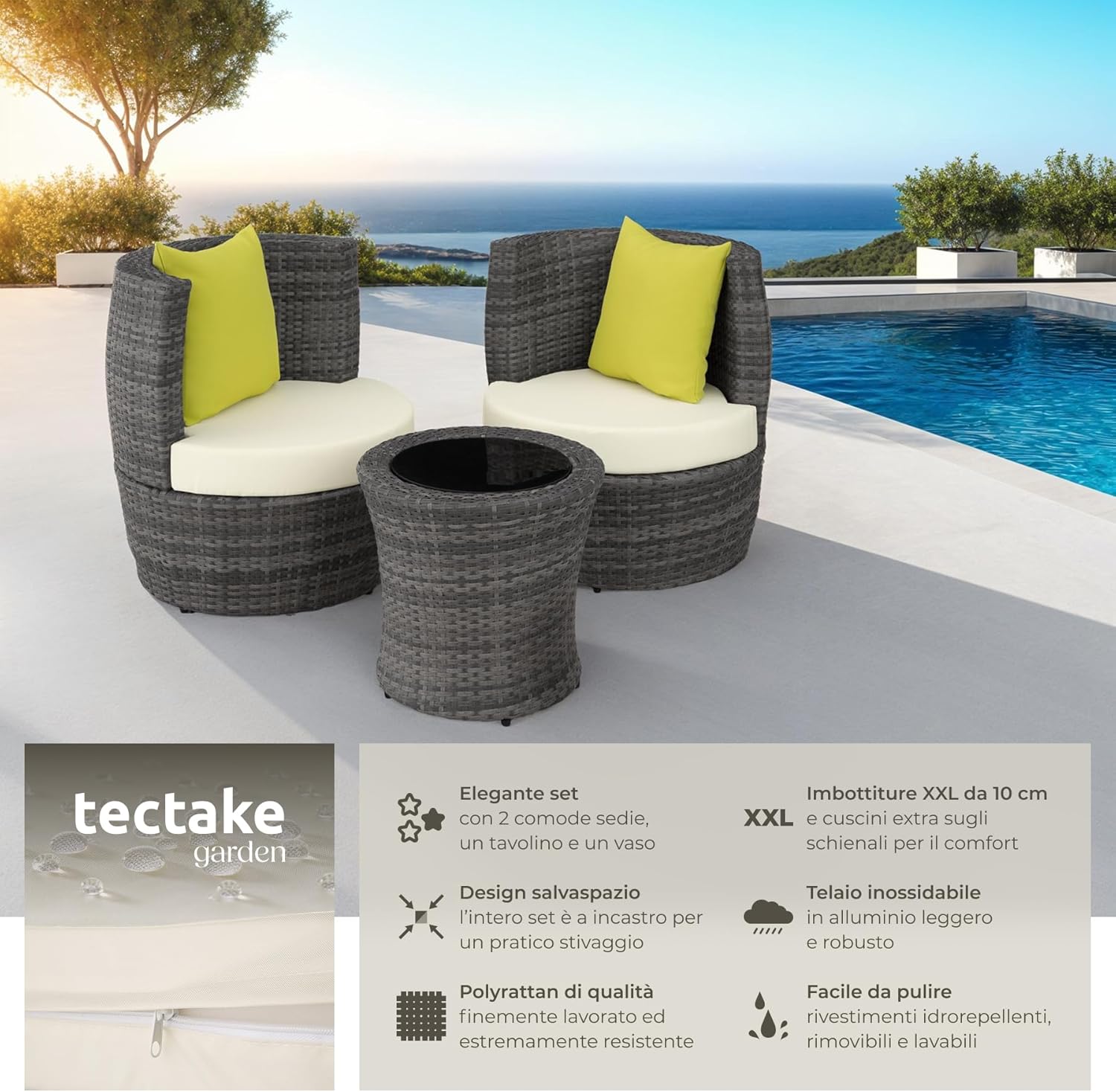 TecTake® Garden Furniture Set, Poly Rattan and Aluminium, 2 Chairs, 1 Table, 1 Vase, Cushions, Outdoor Chair, Armchair, Balcony Set, Garden Chair, Table with Outdoor Chairs - Grey