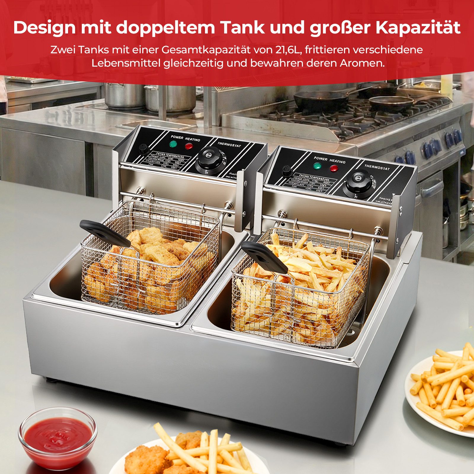 Kaltzonenfritteuse Fritteuse mit Fettauffangbehälter, 21,6L große Doppelfritteuse mit Frittierkorb