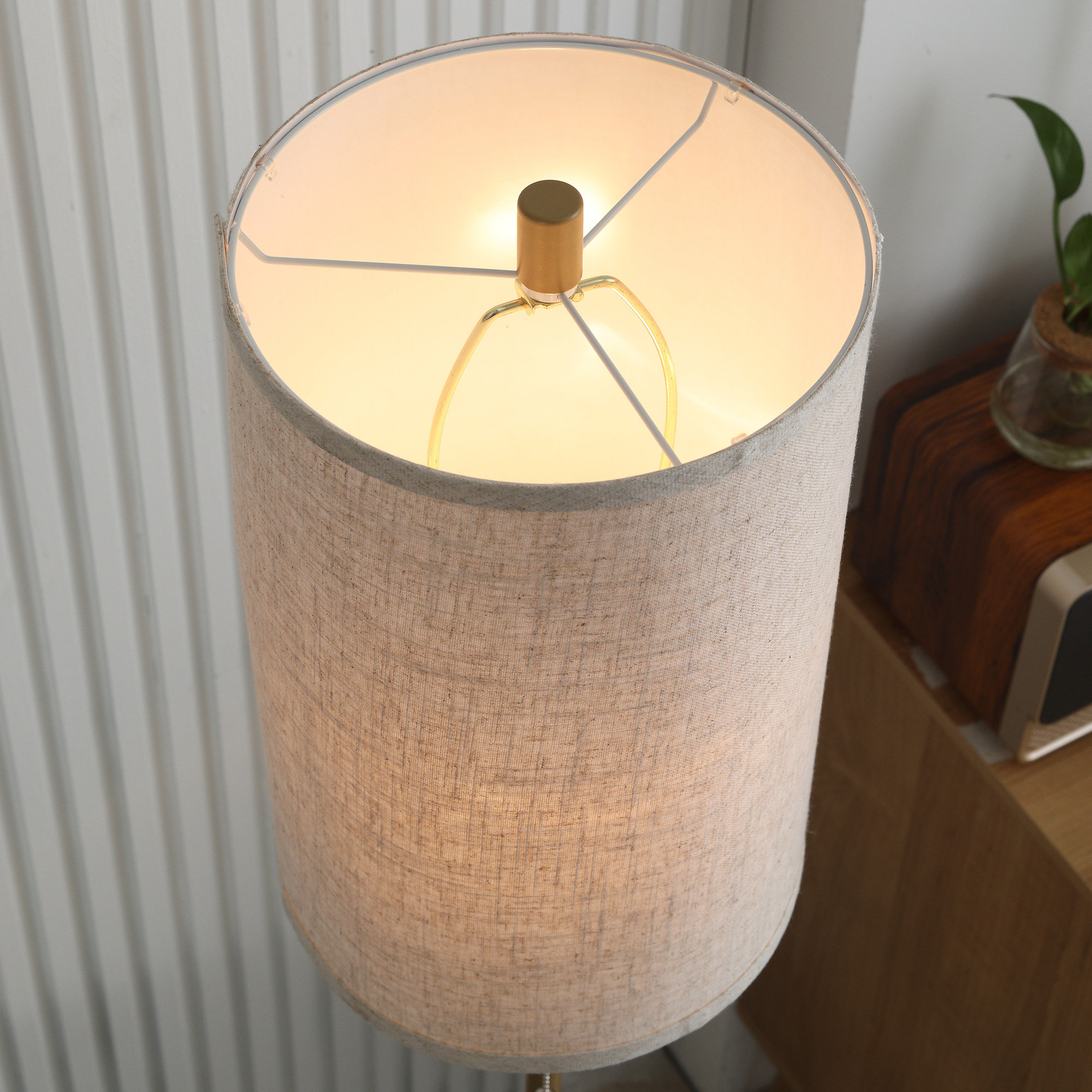 Staande Lamp, Elegante Staande Lamp van Staal met Stoffen Kap, Woonkamerlamp, Trekschakelaar, Goud+Wit