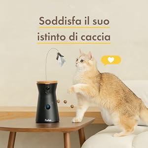 Giocattolo interattivo per gatti con un dispositivo cilindrico nero su un tavolo di legno. Un gatto rosso viene mostrato mentre gioca con un giocattolo di piume pendente attaccato al dispositivo