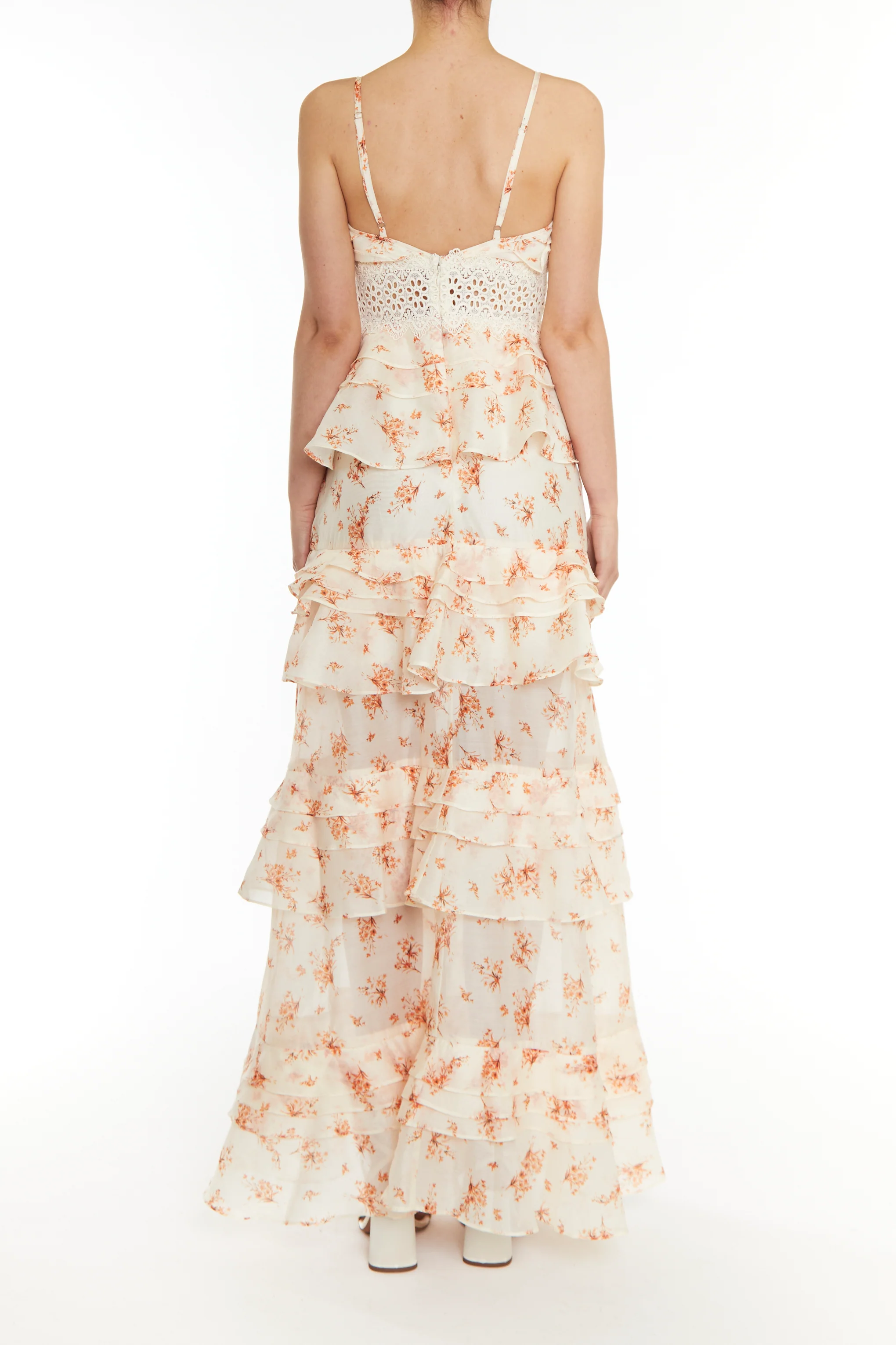 Sophia Cream Orange Floral Plunge Front Tiered Ruffle Maxi-Dress