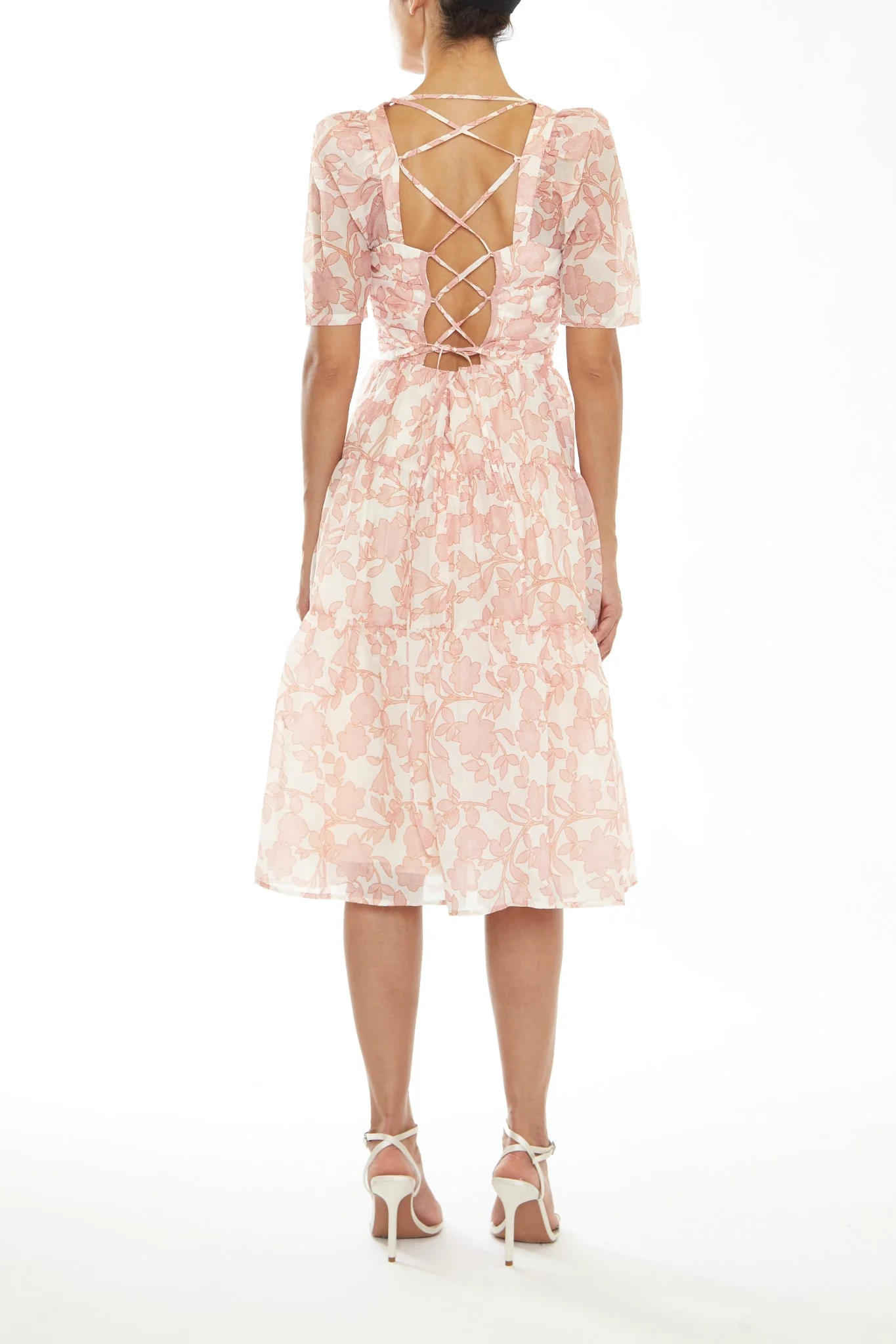 Zara Cream-Pink Outline Flower Tiered Lace-up Back Midi-Dress