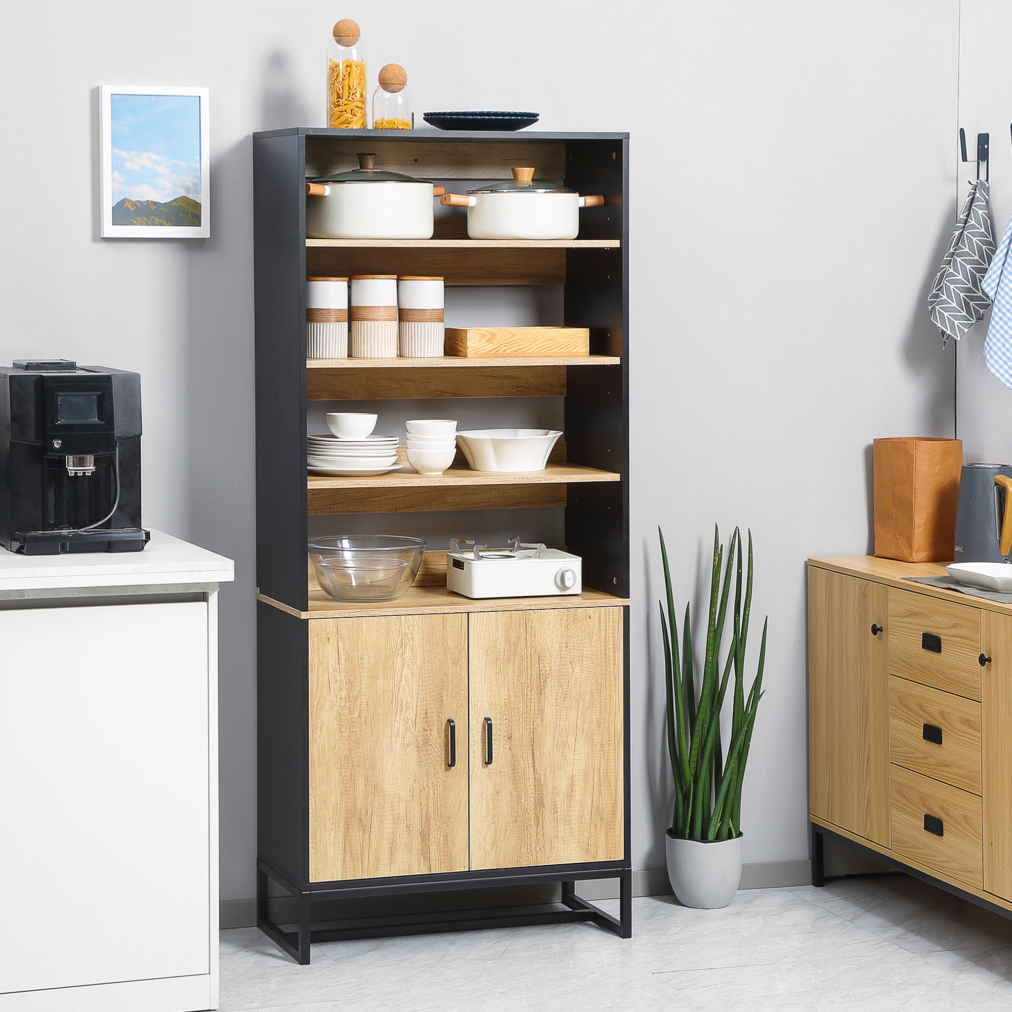 HOMCOM Buffet Küchenschrank mit Mehrfach-Aufbewahrungsmöglichkeiten, Schrank und höhenverstellbaren Regalen aus Holz und Stahl 75 x 35 x 175 cm