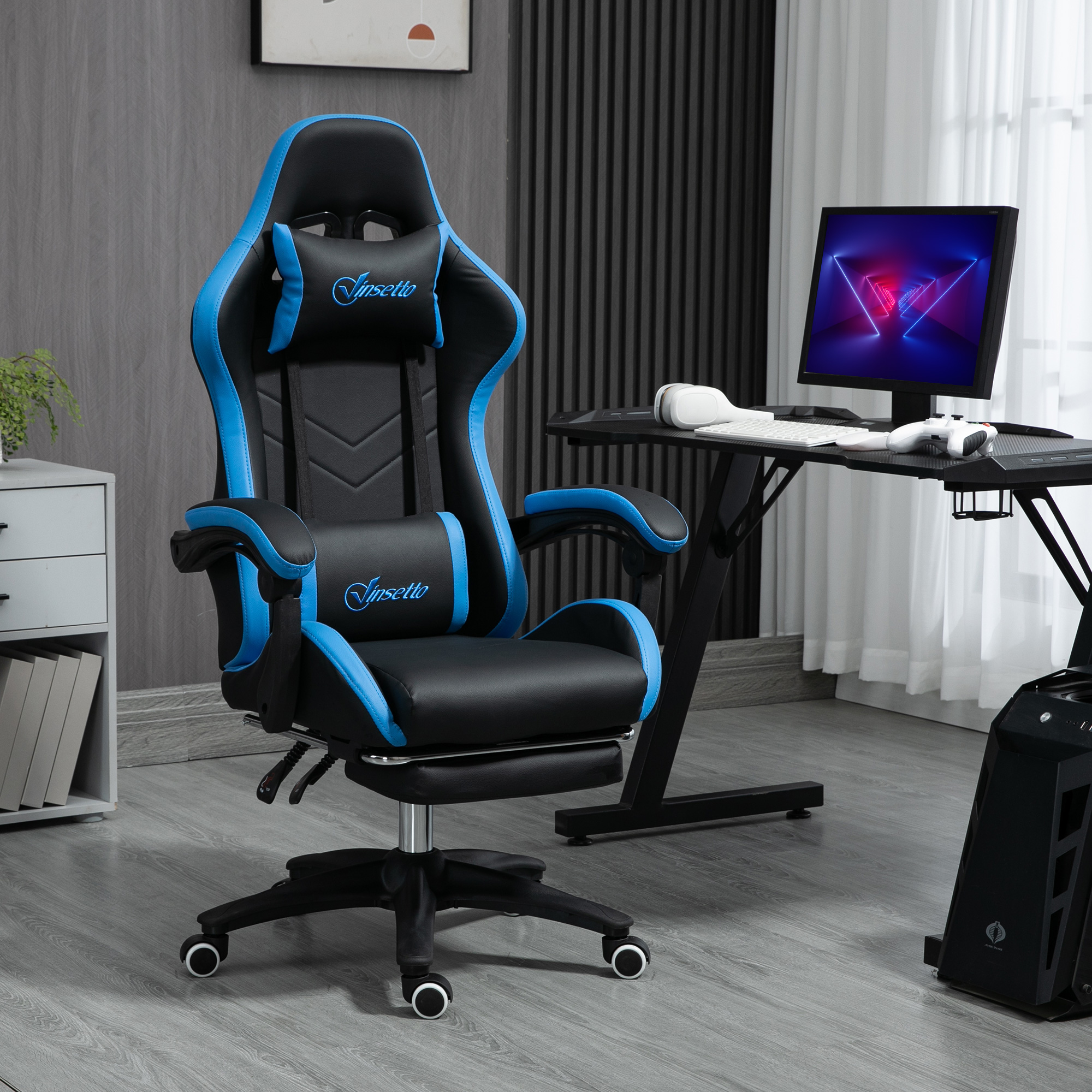 Vinsetto Bürostuhl, Gamingstuhl, 1 Kopfstütze, 1 Lendenstütze, Blau + Schwarz