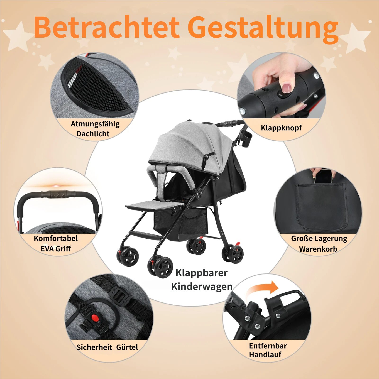 Kinder-Buggy Baby Kinderwagen bis 10 Kg, 0-2 Jahre, Zusammenklappbar, Grau