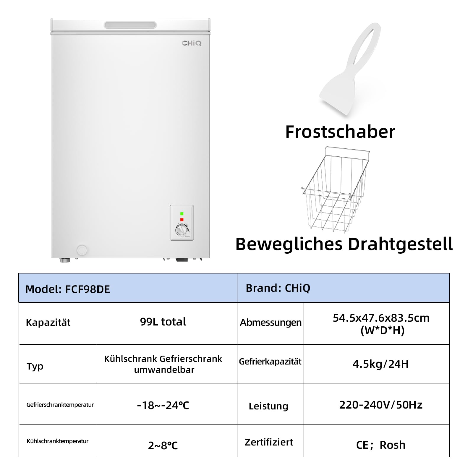 CHiQ Gefriertruhe 99 Liter freistehend Tiefkühltruhe mit Schnelleinfrierfunktion und LED Beleuchtung