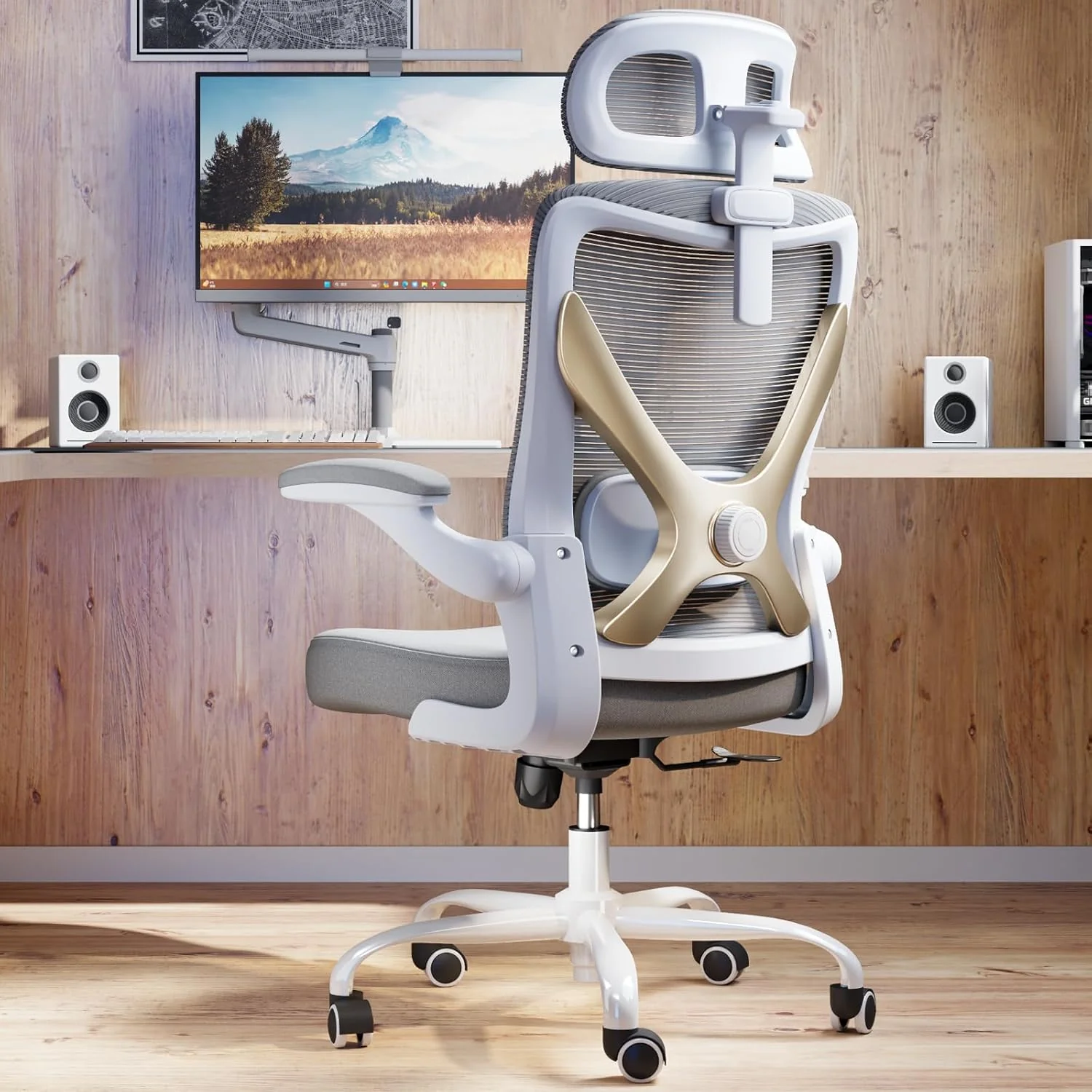 Office computer desk and chair, gaming chair, with lumbar support and headrest