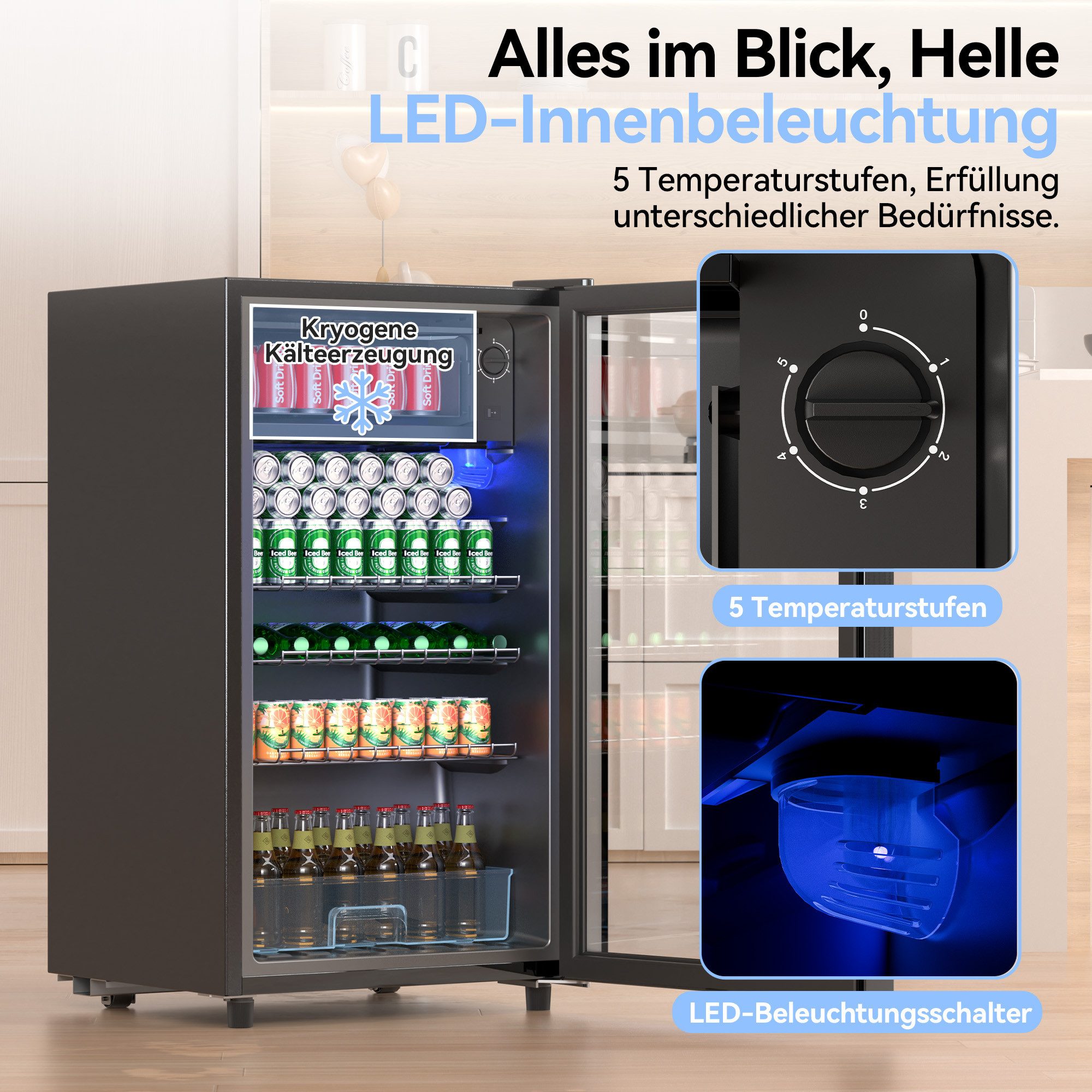 Getränkekühlschrank mit glastür,LED-Beleuchtung, Leiser BC-98