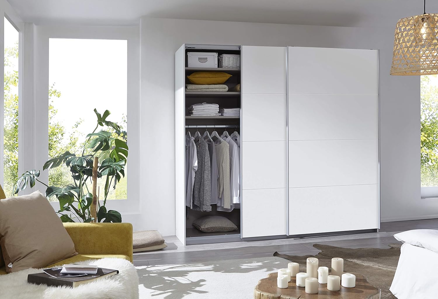 Rauch Möbel Caracas Wardrobe with Sliding Doors, Engineered Wood, Clamping Plate, White Without Mirror, 210 x 62 x 226 cm
