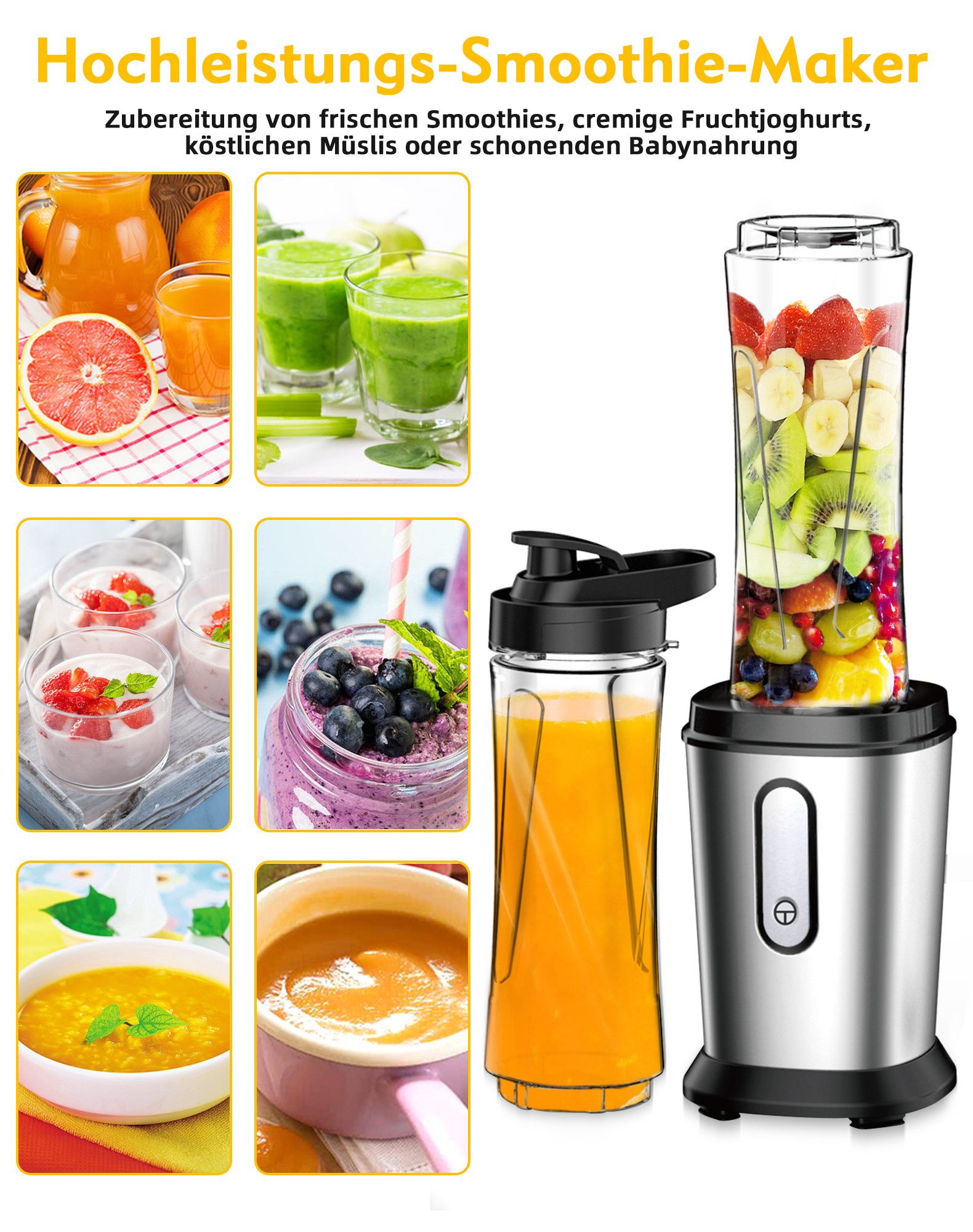 Smoothie-Maker Mixer 22.000 U/min mit 2x 600ml Trinkflasche