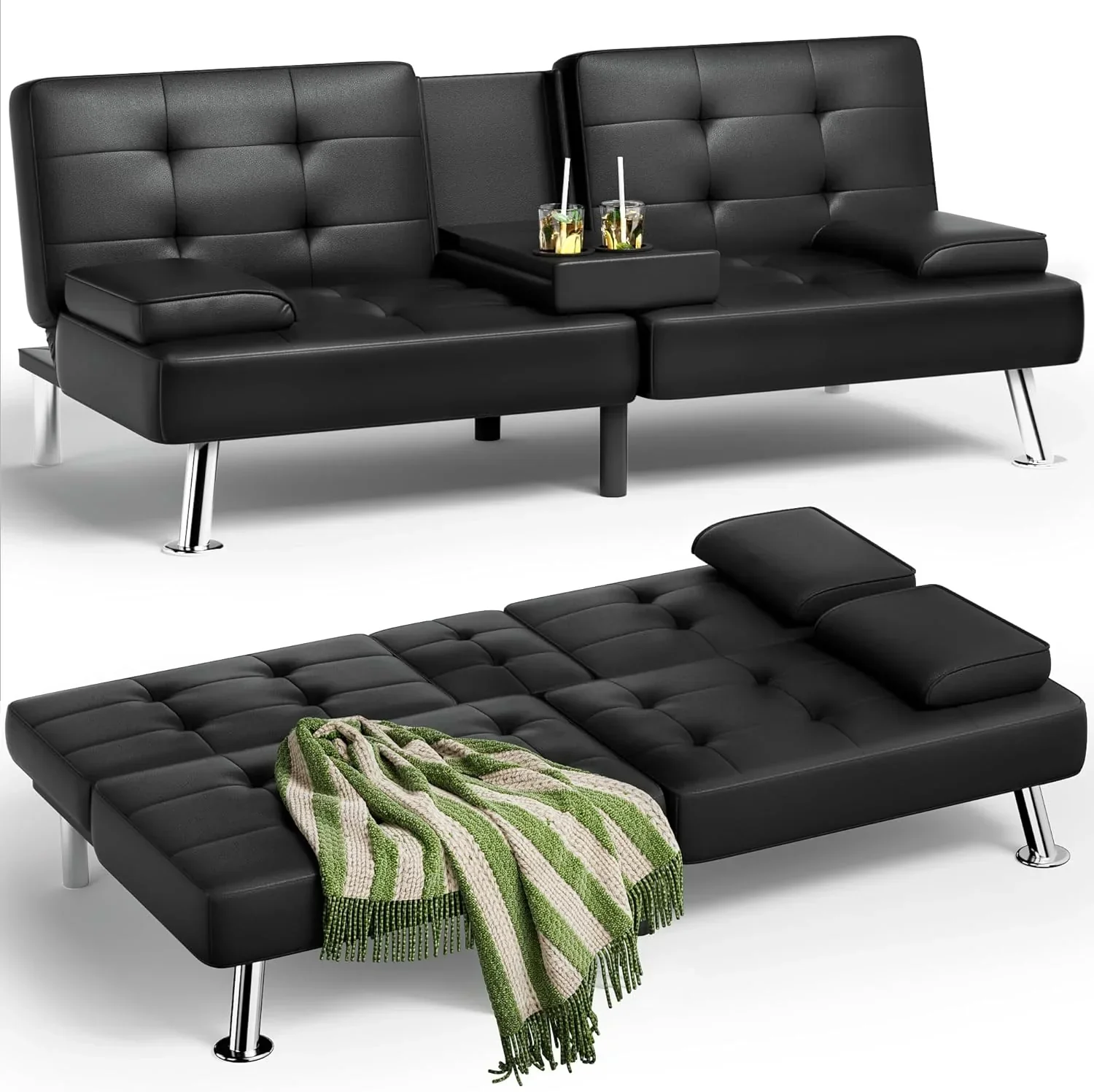 Homall Futon Sofa Bed Leather Futon Couch with Armrests Adjustable Recliner Sleeper Sofa Bed