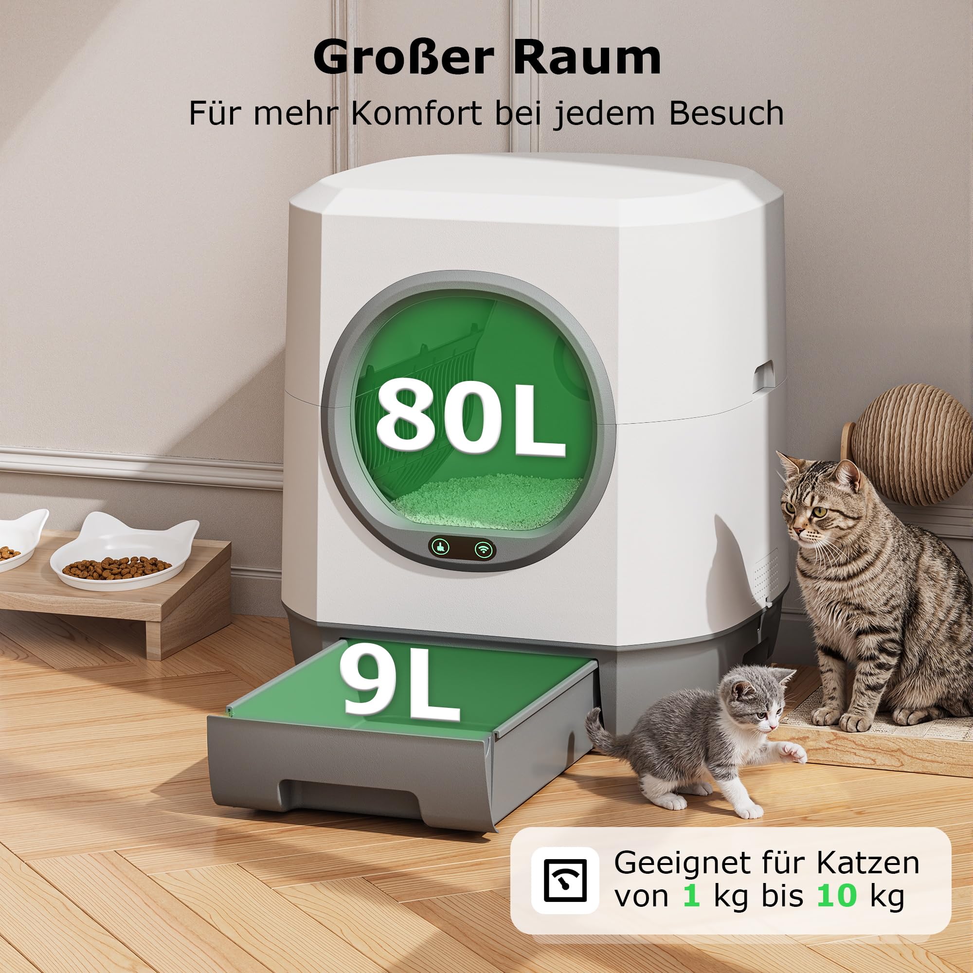 Automatische Katzentoilette 90 Liter für Katzen bis 10 kg selbstreinigend 12 Sicherheitssensoren App-Steuerung 35 dB Geruchskontrolle