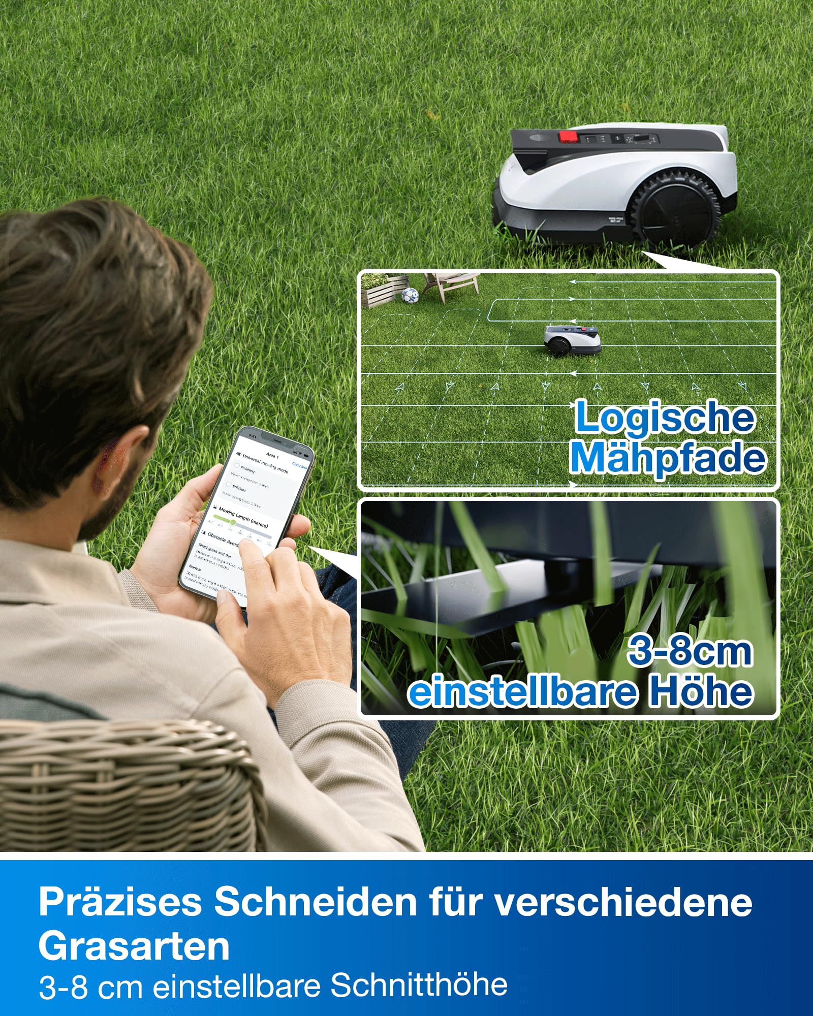 Mähroboter O800 RTK für 800 m² ohne Begrenzungskabel LiDAR Vision 22 cm Schnittbreite 4000 mAh Akku 45 % Steigung 3–8 cm Schnitthöhe