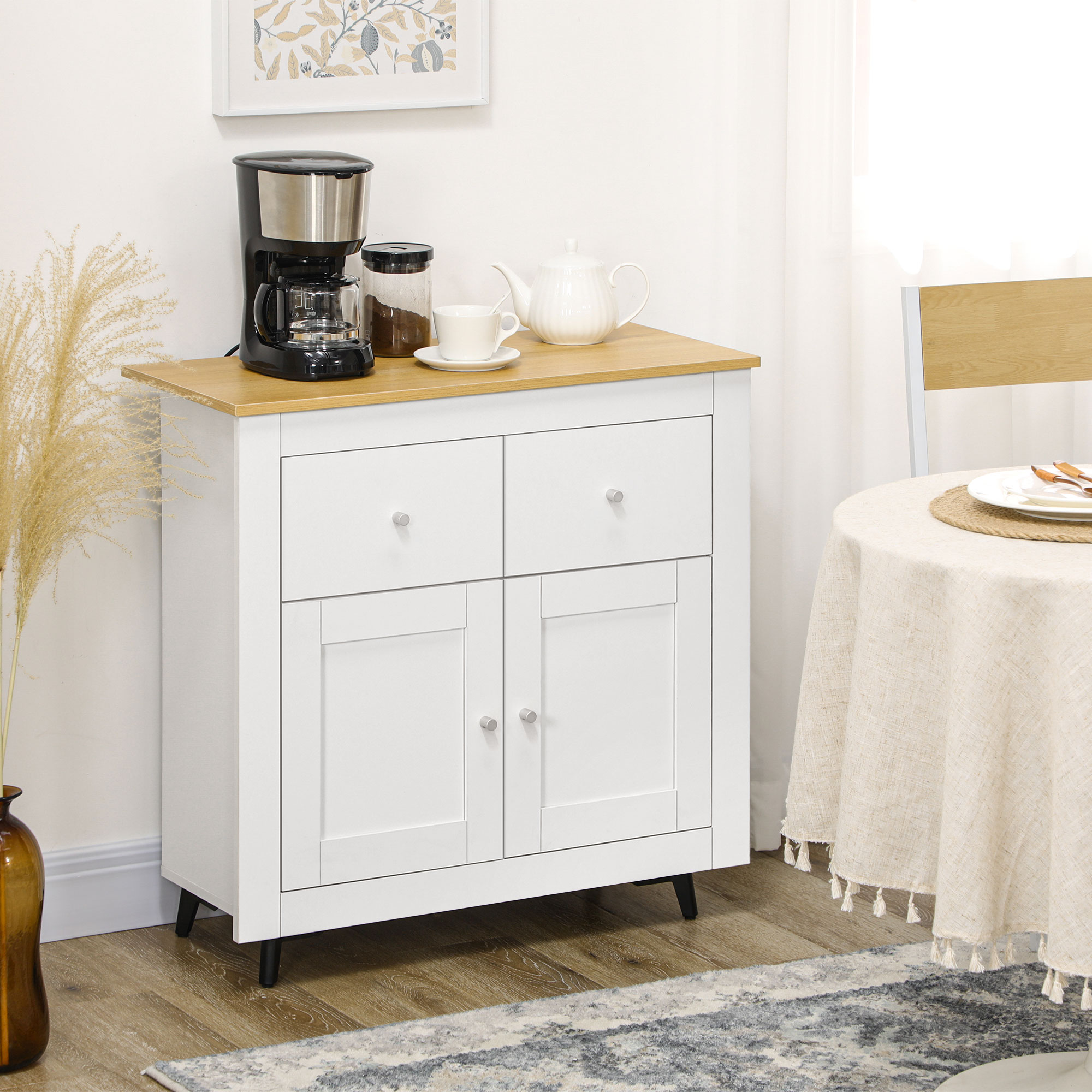 HOMCOM Aufbewahrungsschrank mit Schrank mit Türen und 2 Schubladen, für Wohnzimmer, Esszimmer, Maße 78 x 35 x 80 cm, Weiß