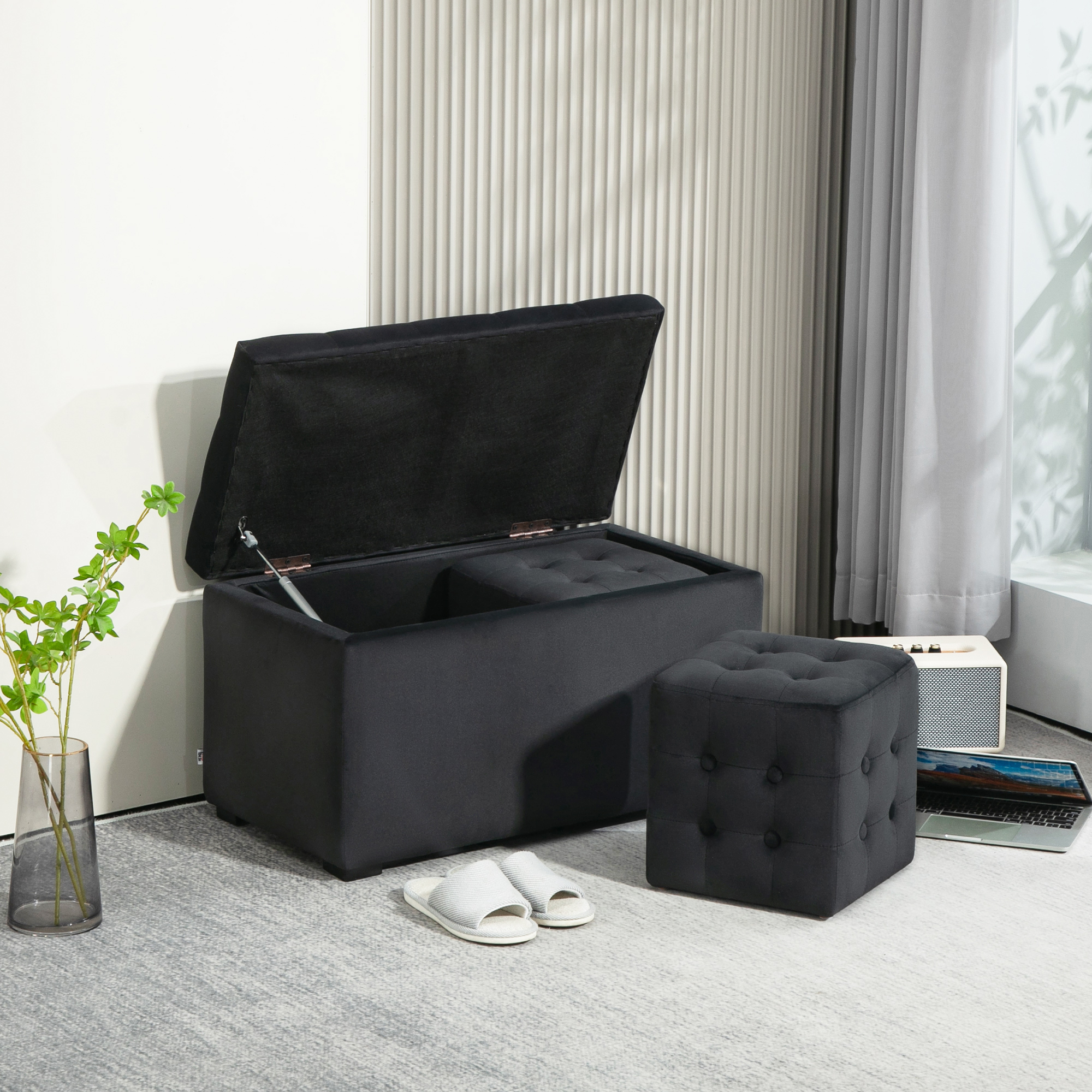 HOMCOM 3-teiliges Möbel-Set mit Stauraum, 2 x Sitzhocker, Polster-Sitztruhe, belastbar bis 130 kg, 75 x 40 x 42 cm, Dunkelgrau