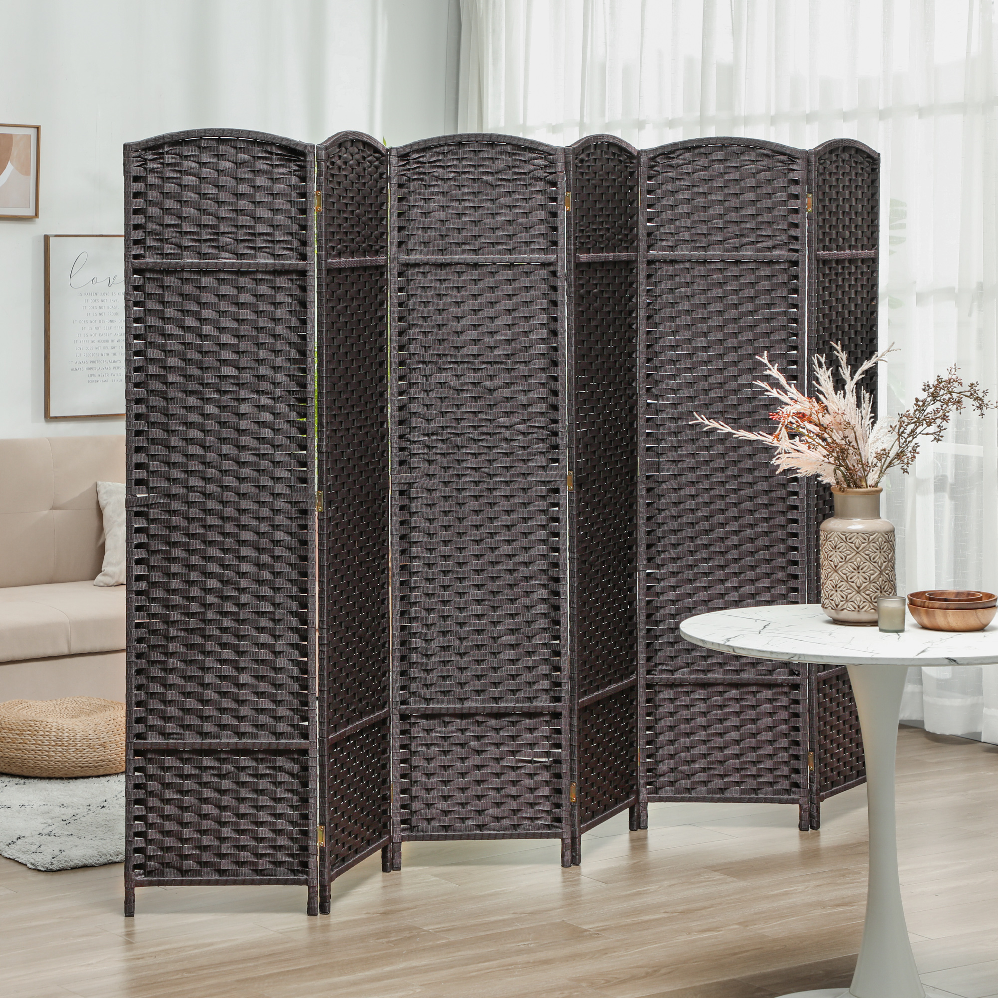 HOMCOM 6-teiliger Raumtrenner, Faltbarer Sichtschutz, Sichtschutzwand für Wohnzimmer, Schlafzimmer, Homeoffice, Braun