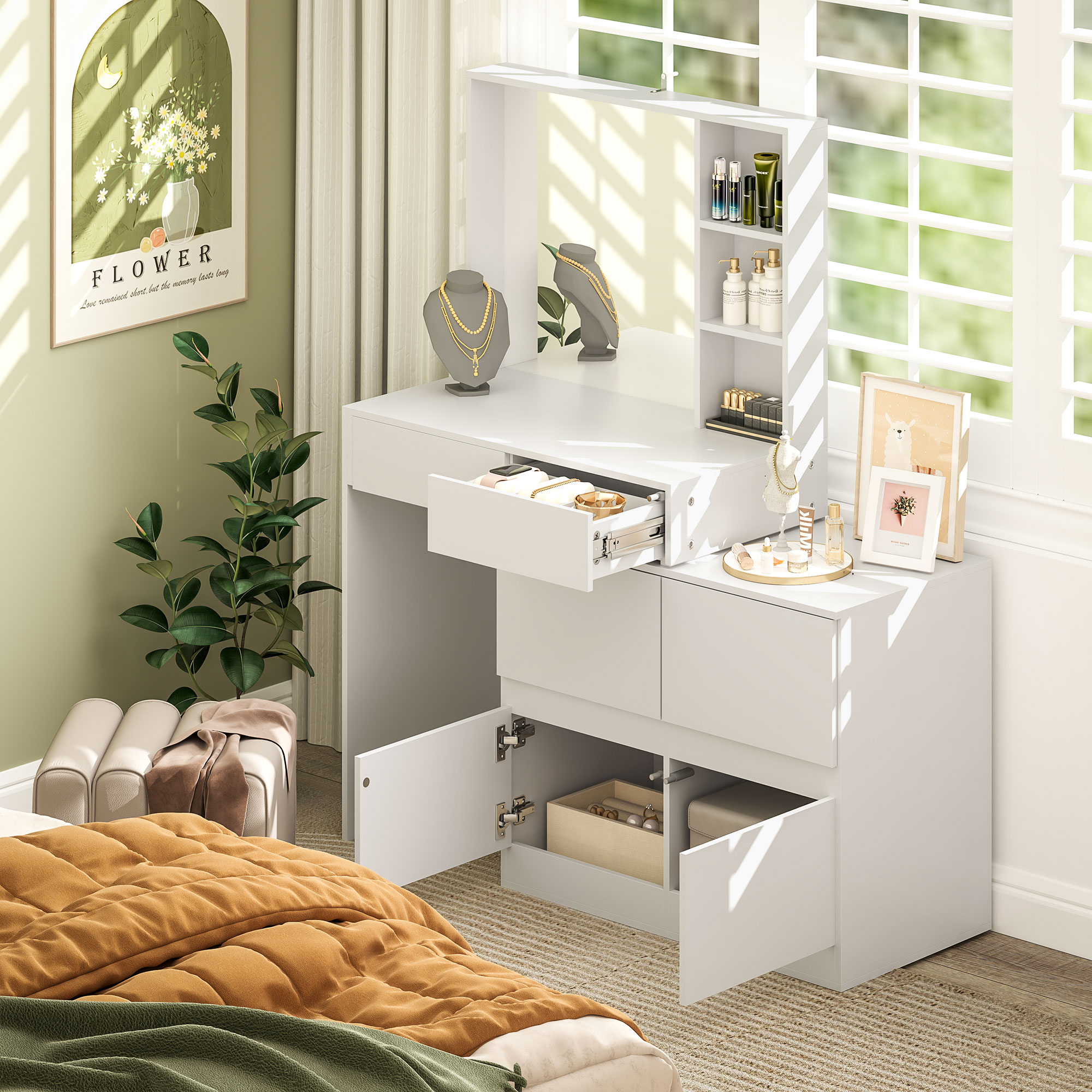 HOMCOM Schminktisch, Make-up-Tisch mit großem Spiegel, 4 Schubladen, 3 offene Fächer, 2 Schränke, MDF, Weiß
