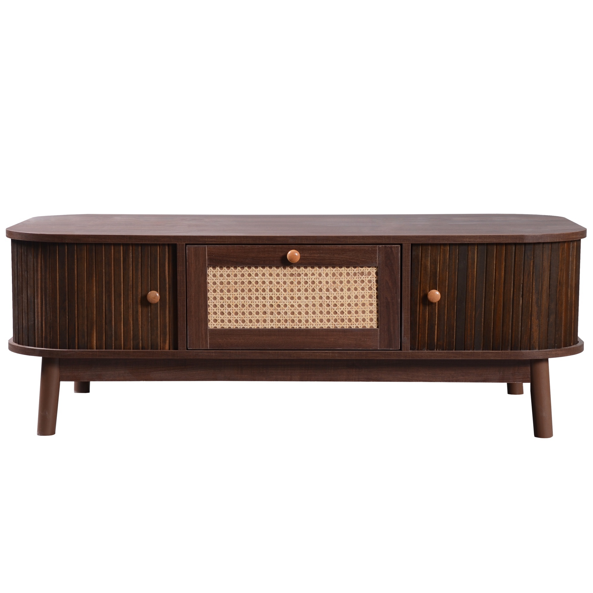 Couchtisch aus Rattan mit Massivholzbeinen, Schubladen und Schiebetüren im natürlichen Landhausstil, Holzfarbe und hellgelb