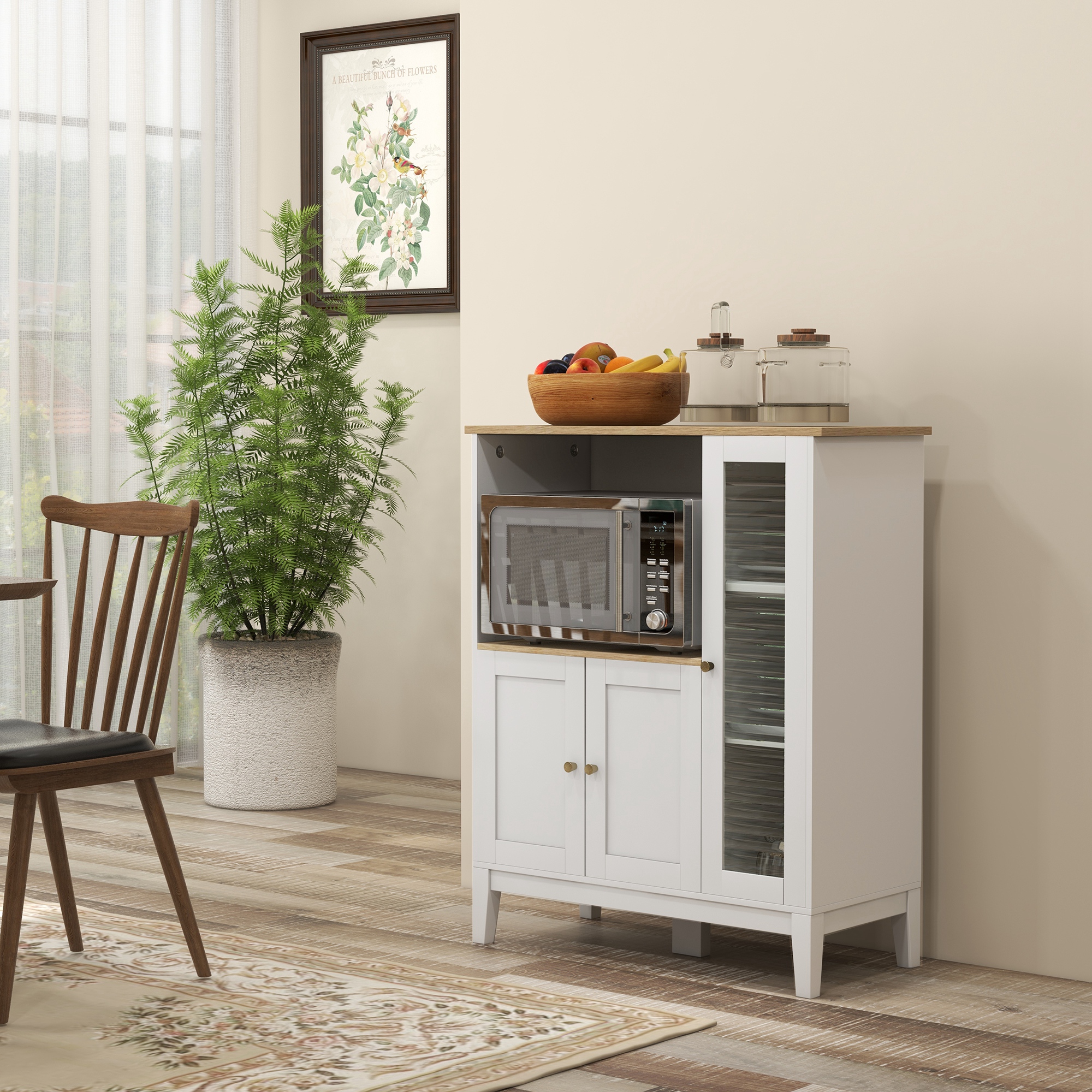 HOMCOM Mikrowellen-Küchenschrank mit 1 Nische, 3 Türen, Kabeldurchlass 80 x 35 x 97 cm weiß und holzfarben