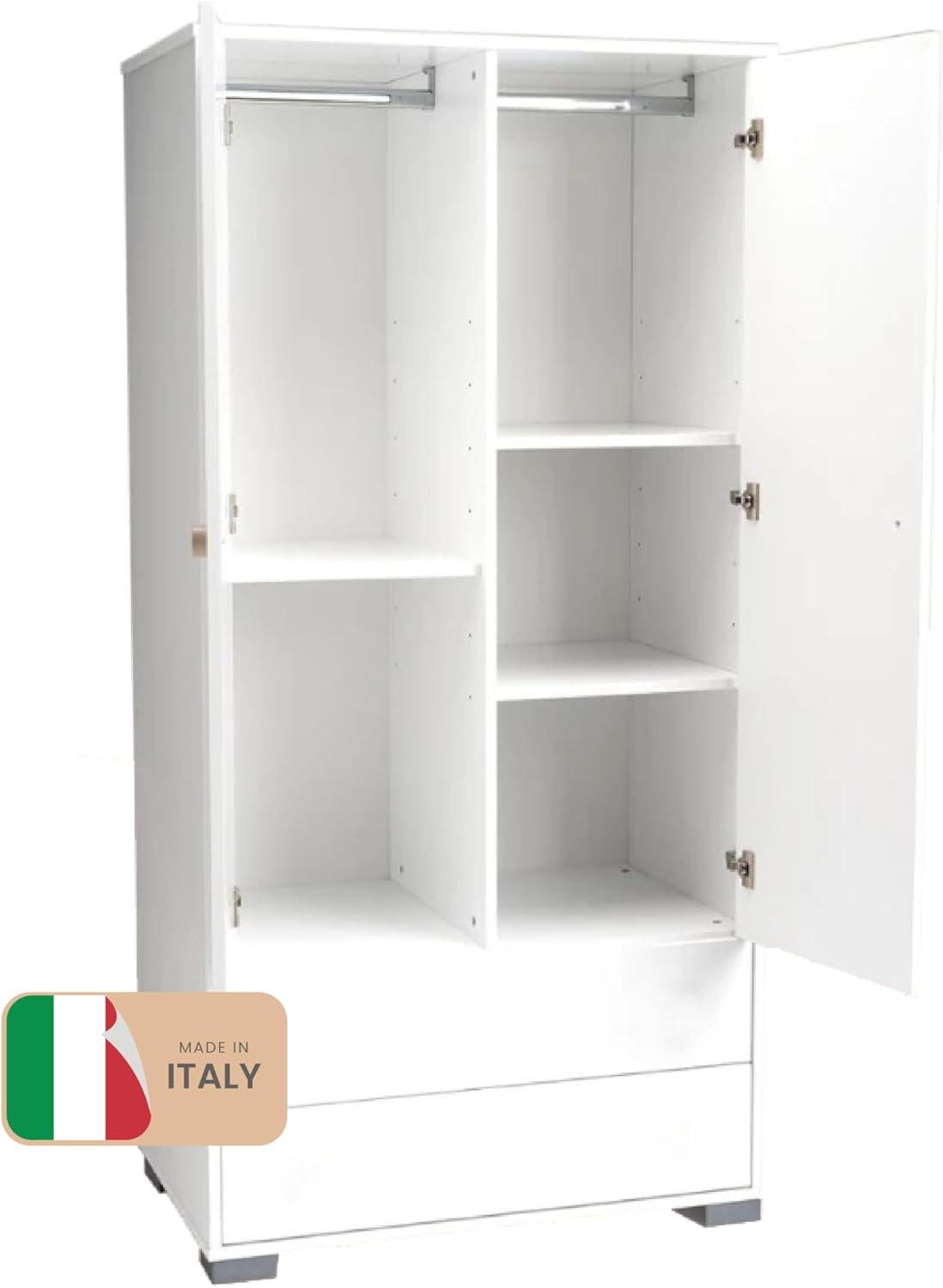 Palla Pallina Bedroom Wardrobe with 2 Doors with Slow Closing, 3 Adjustable Shelves and 2 Drawers Versatile and Safe for Parents with Babies Bedroom Wardrobe, 95 x 58 x 192 H cm, Made in Italy