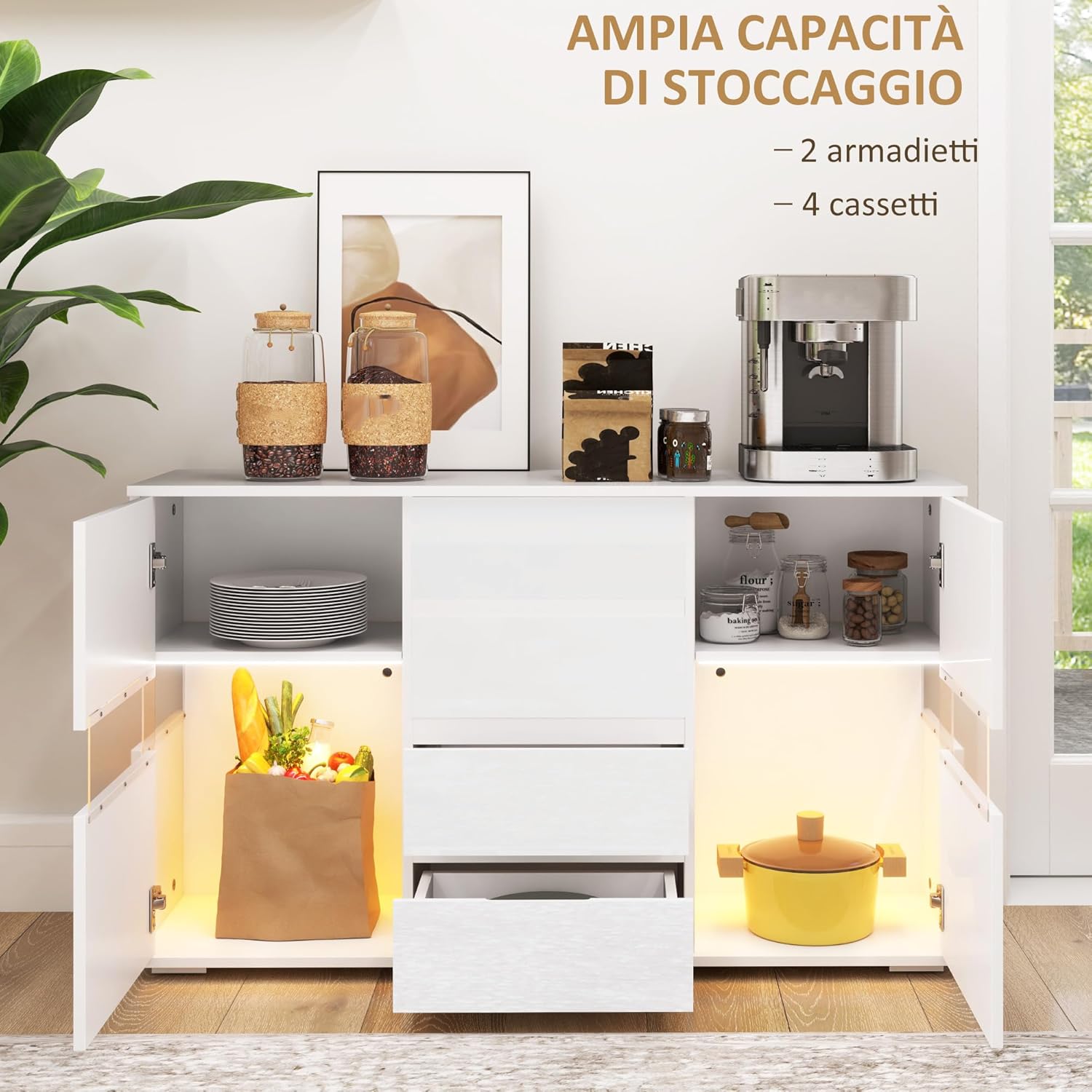HOMCOM Credenza Moderna con Luce LED Regolabile con Telecomando, Mobile da Salotto con 4 Cassetti e 2 Armadietti, 120x34x70 cm, Bianco