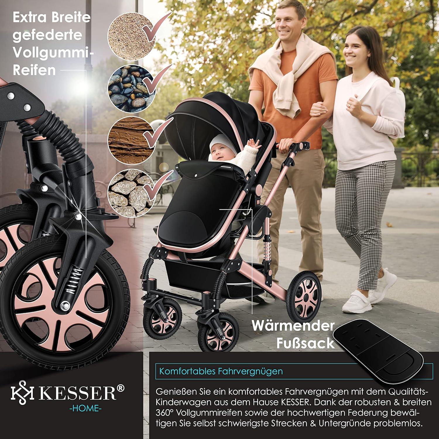KESSER® Loops 3 in 1 Kinderwagen Kombikinderwagen Komplett-Set inkl. Babywanne & Buggy Sportsitz & Auto-Babyschale Voll-Gummireifen Wickeltasche Regenschutz Kindertisch ECE R129, Schwarz/Schwarz