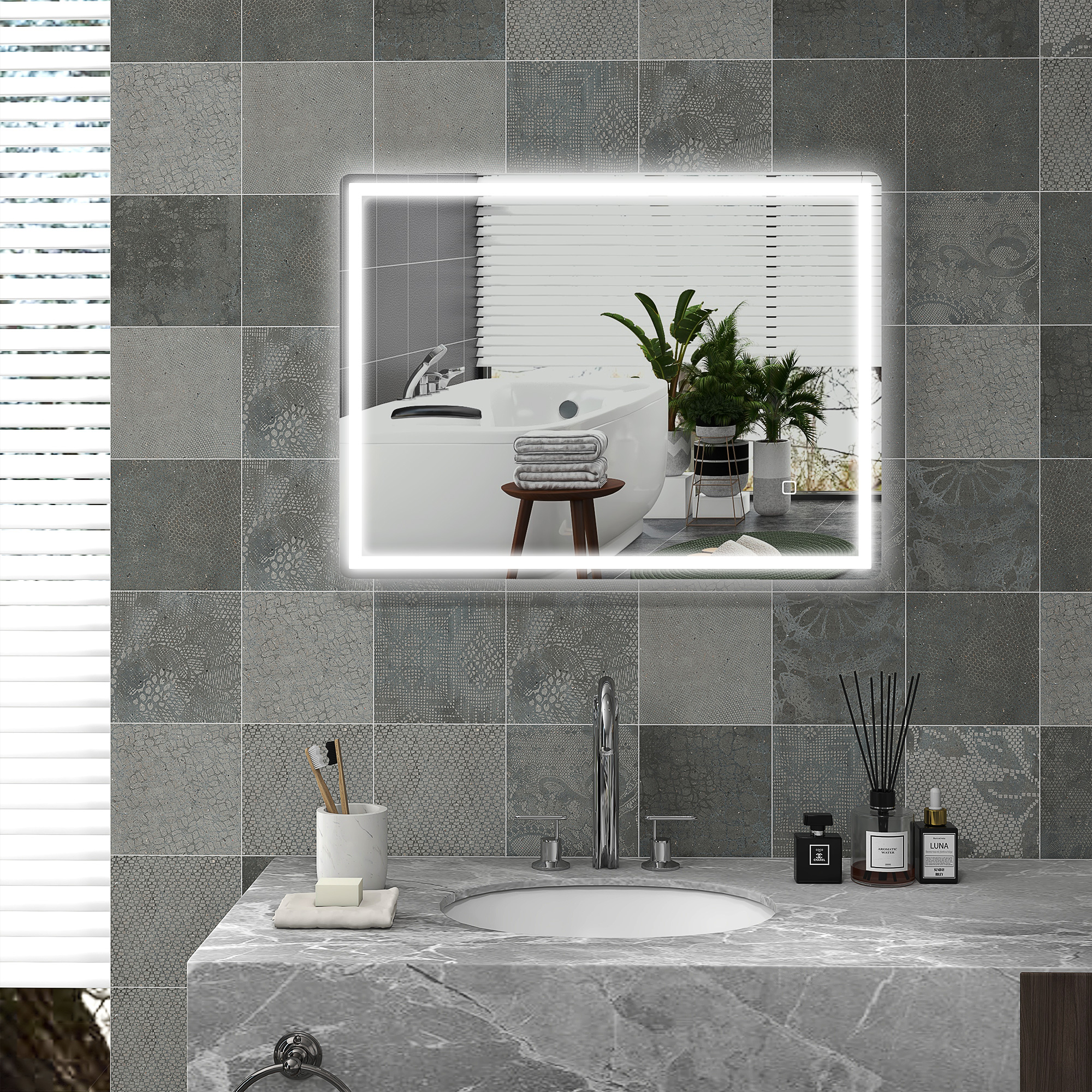 HOMCOM Badspiegel Badezimmerspiegel Wandspiegel LED´s. Ber, gsschalter, Antibeschlagfunktion, 60 x 80 x 4 cm, Weiß