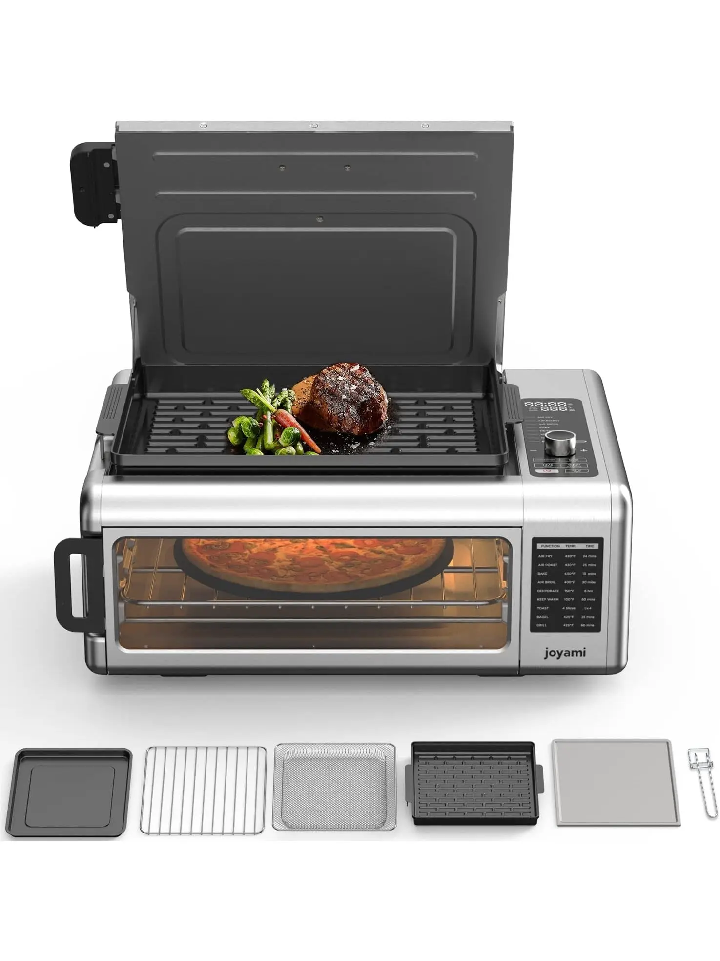 JOYAMI Air Fry Countertop Oven, 18QT Convection Oven and Indoor Grill Combo with See Through Window for Air Fry, Bake, Dehydrate, Toast, 6 Nonstick Accessories, 1600W