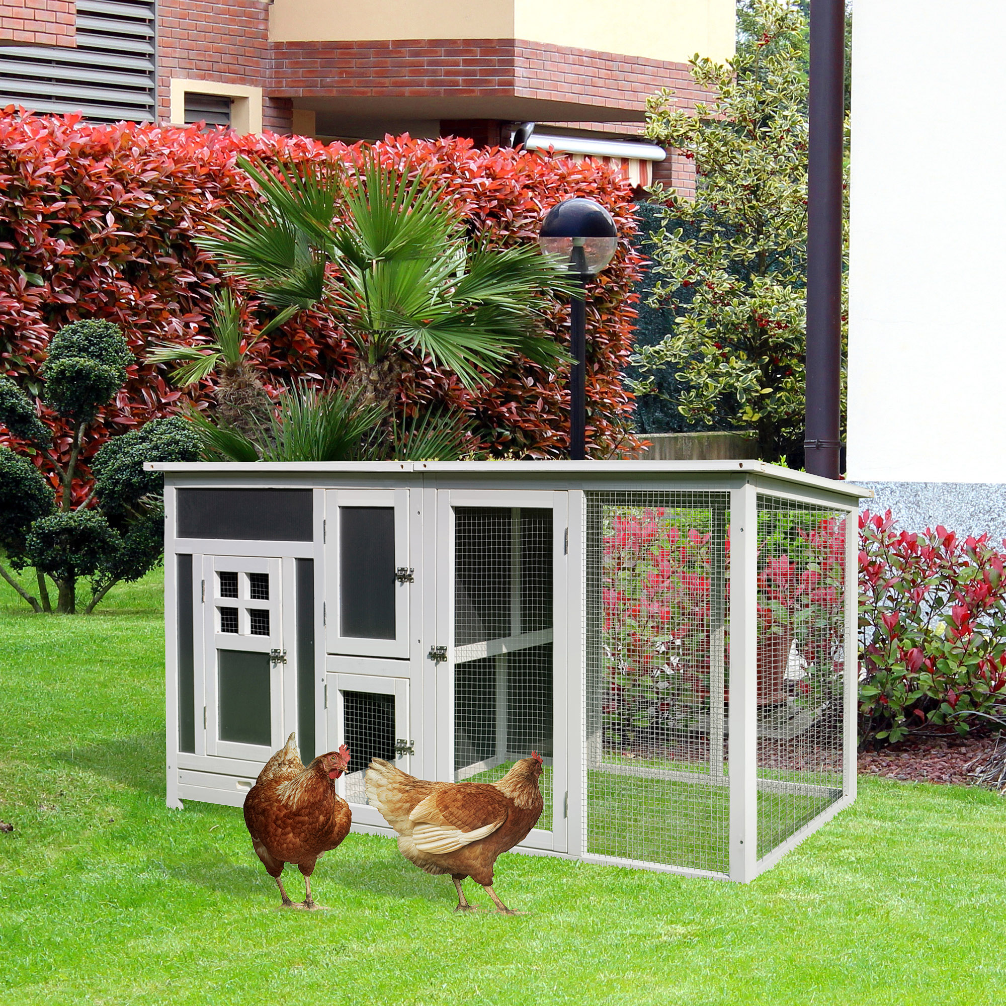 PawHut Hühnerstall Hühnerhaus Geeignet für 1-2 Hühner, mit Nistkasten Eierkiste mit 2 Fächern, Tanne, Grau+Weiß, 160 x 75 x 80 cm