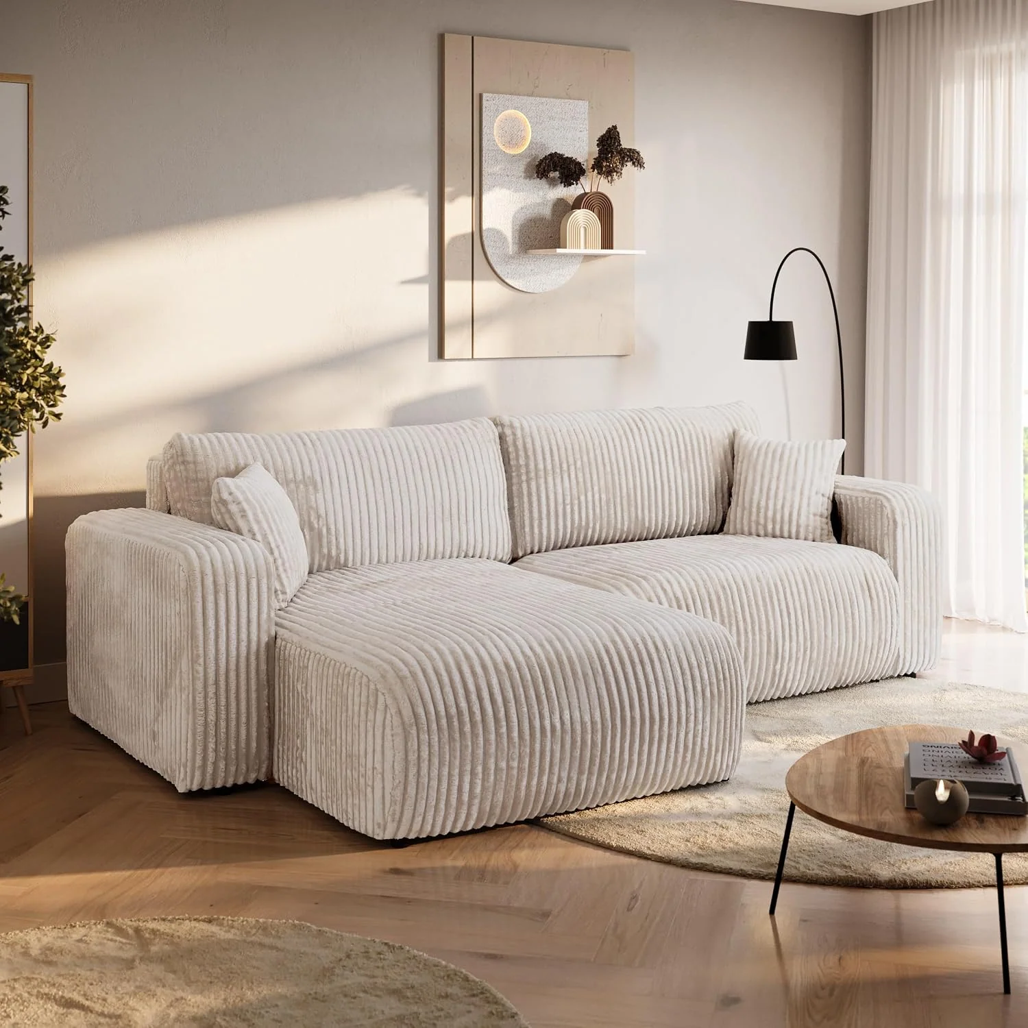 BROMARKT Ecksofa mit Schlaffunktion und Bettkasten 125x200cm L Crème