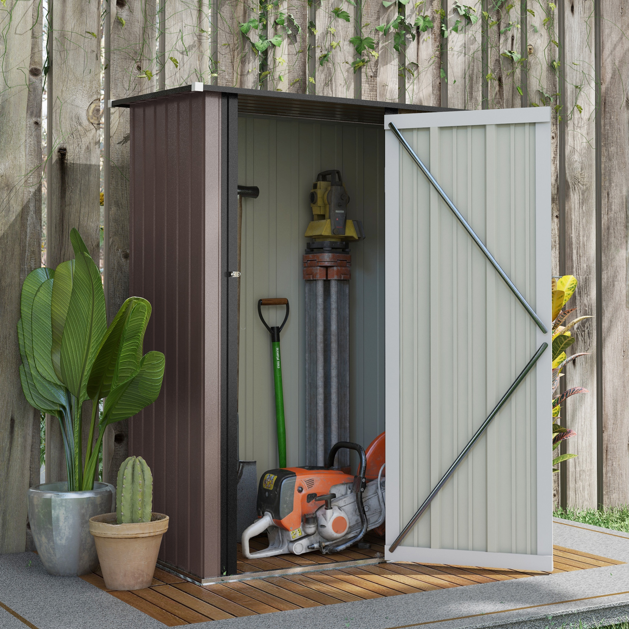 Outsunny Gartenpavillon 1,2 m² - Aufbewahrung für Werkzeuge - Gartenhaus mit verriegelbarer Tür - braune Stahltür