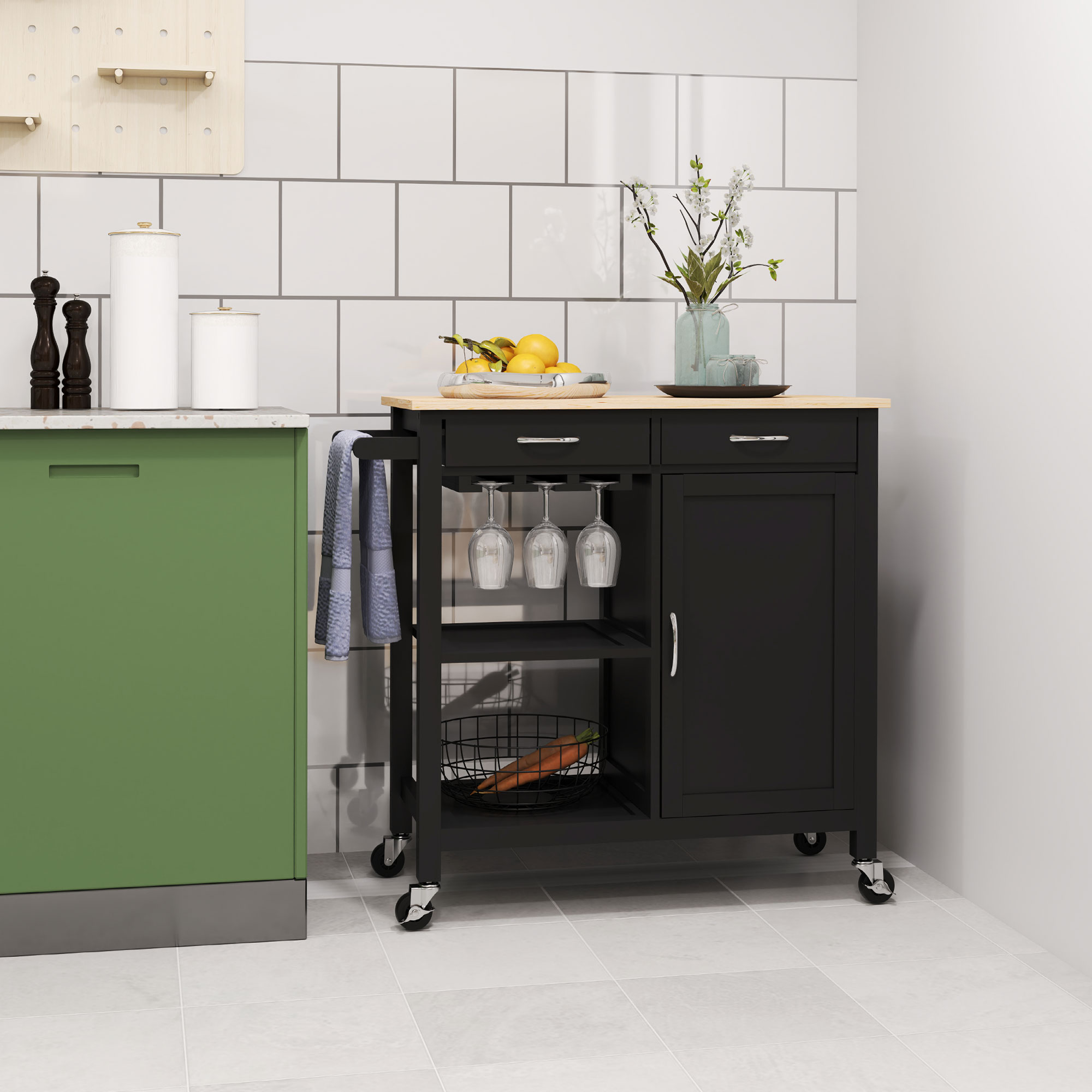 HOMCOM Klassischer Küchenwagen mit Schubladen, Rädern und 2-türigem platzsparendem Schrank 89x40x84cm, Schwarz
