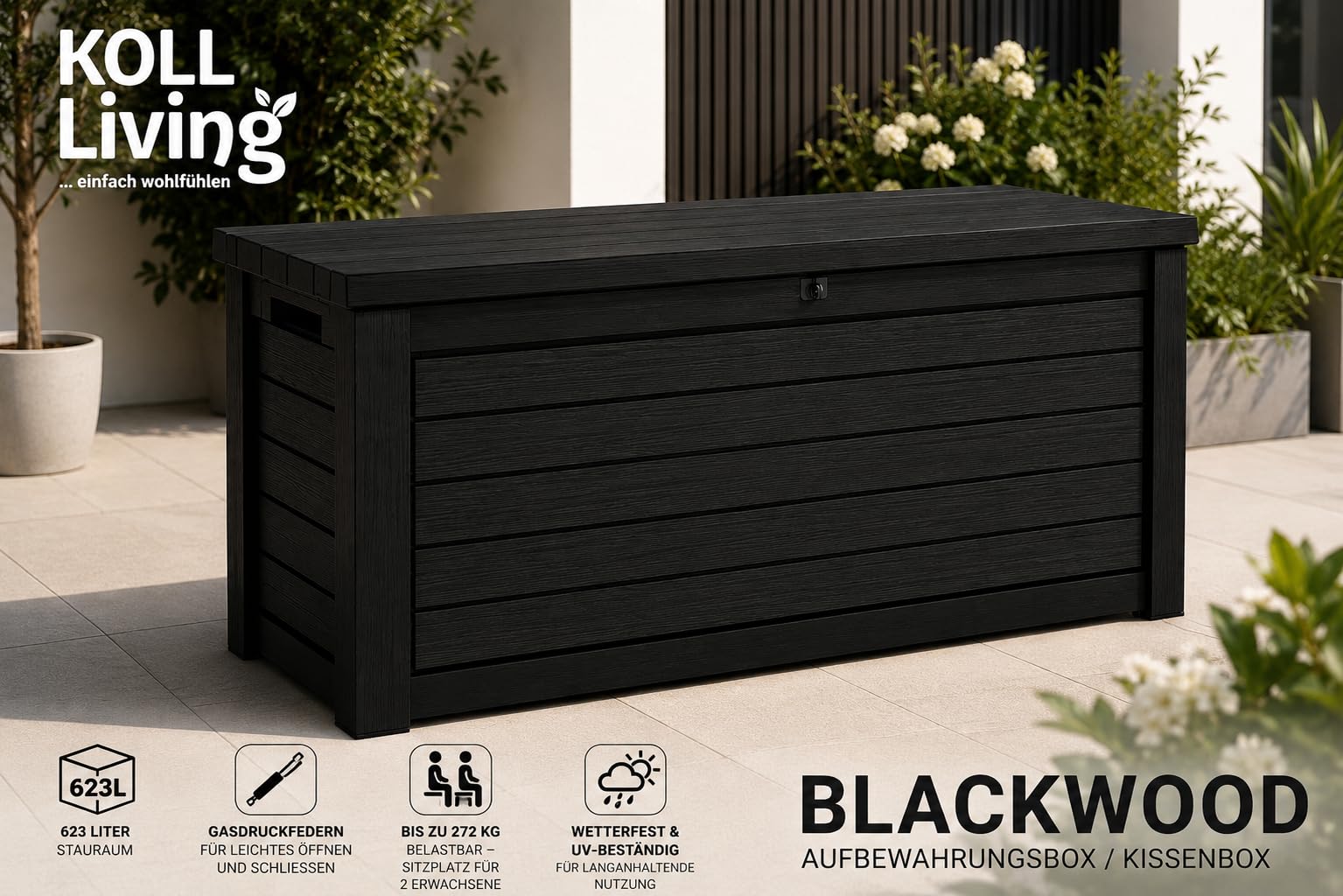 Koll Living Aufbewahrungsbox Kissenbox Blackwood 623 L trocken und belüftet Gasdruckfedern Deckel bis 272 kg
