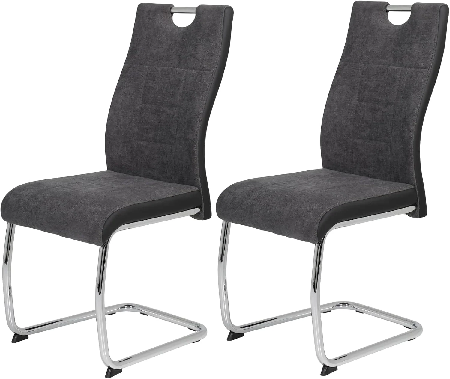 Hela Tische, Lehne mit Griff, 2er Set Schwingstuhl Alina Webstoff Anthrazit, Metallgestell Rundrohr Chrom