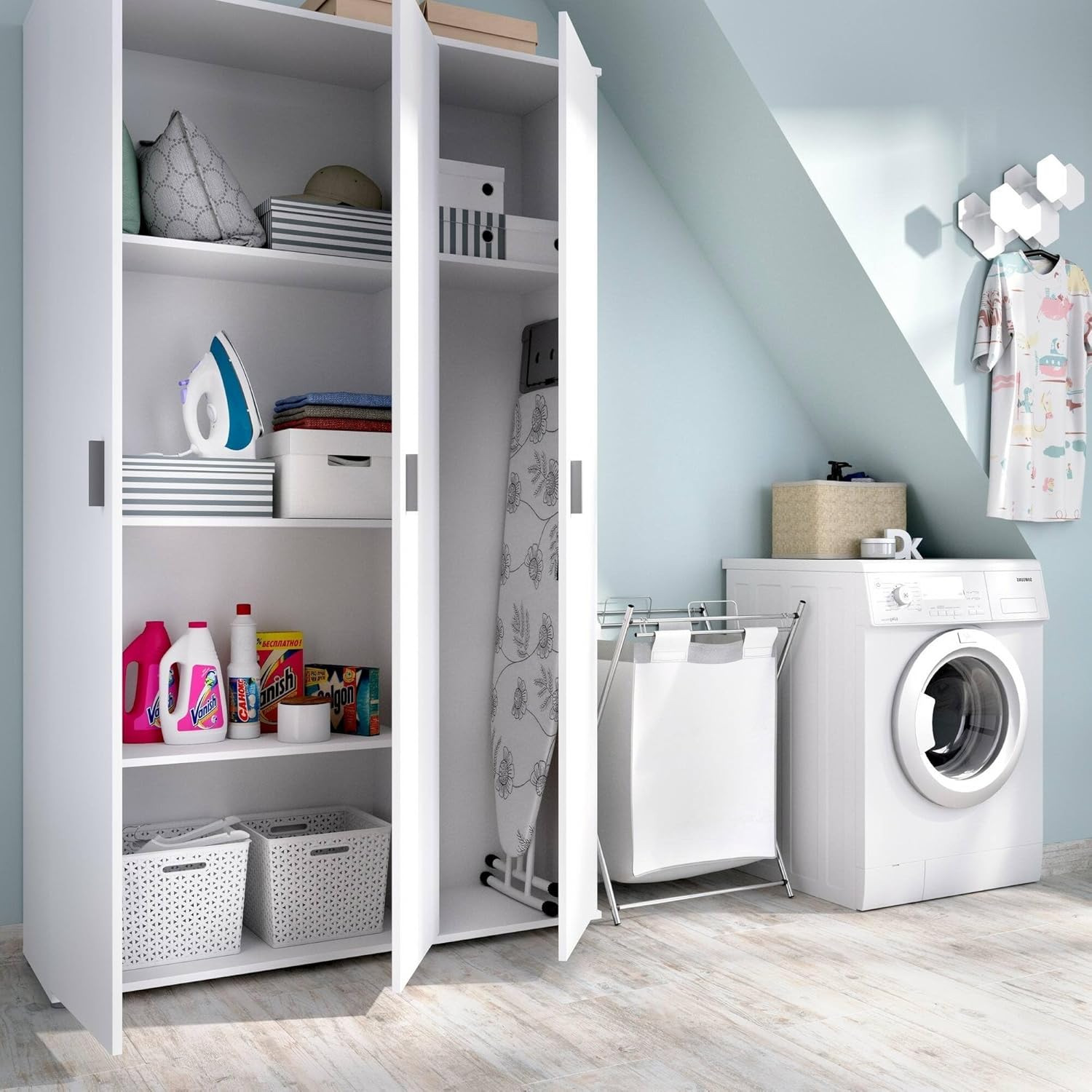 Dmora Sillano Large Multi-Purpose Wardrobe 35 x 190 h cm White 4 Shelves for Broom Holder, Opening Hinged