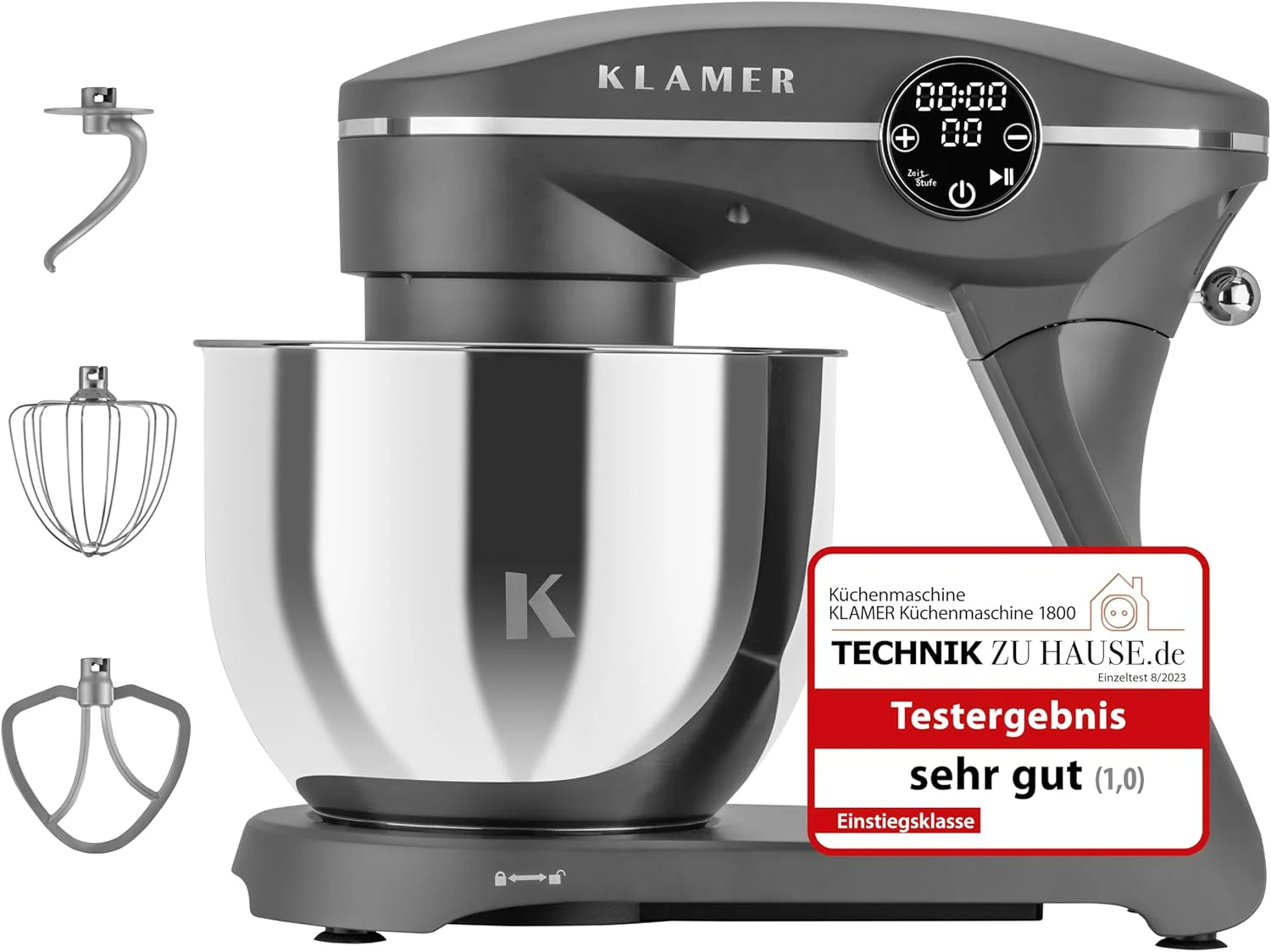 KLAMER Keukenmachine 1800W, Kneedmachine met 6 Liter RVS Kom, 10 Snelheidsstanden met Timer, Klopper, Deeghaak, Garde en Spatdeksel