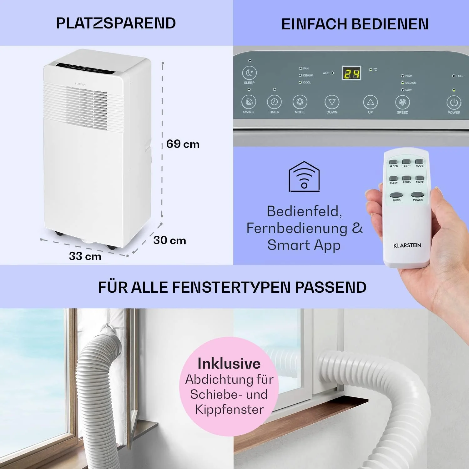 Klarstein Mobile Klimaanlage mit Abluftschlauch, 3-in-1 Klimagerät mit Ventilator, Luftentfeuchter & Nachtmodus, Kleine & Portable Klimaanlage für Wohnung & Büro, 12000 BTU Niedrig Verbrauch