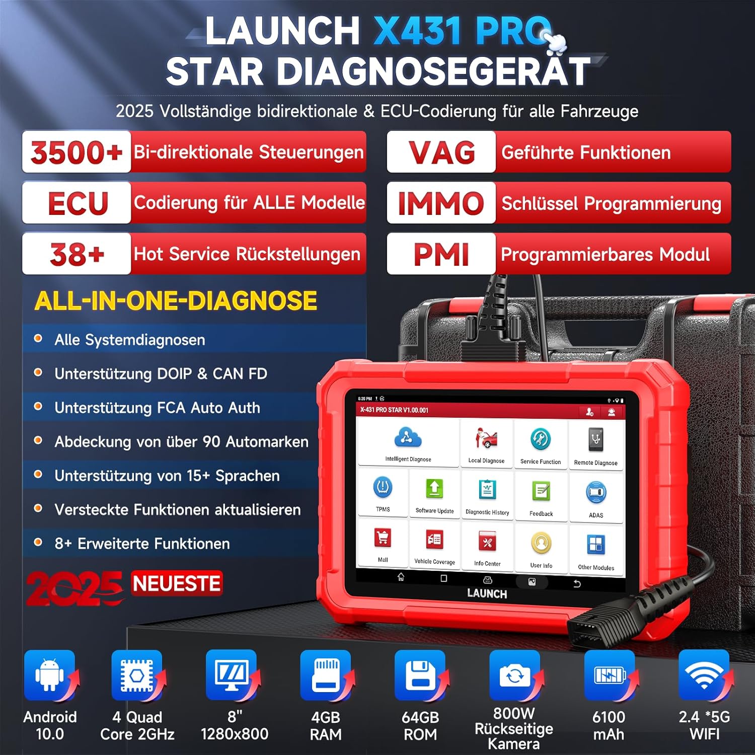 Launch CRP123I V2.0 OBD2 Diagnosegerät Auto, 4 Systeme Auslesegerät Auto, Launch Diagnosegerät mit Öl/EPB/DPF/SAS/BAS/BMS/Drosselklappe Reset, Auto VIN, Batterie-Test, Lebenslanges Update Scan Tool