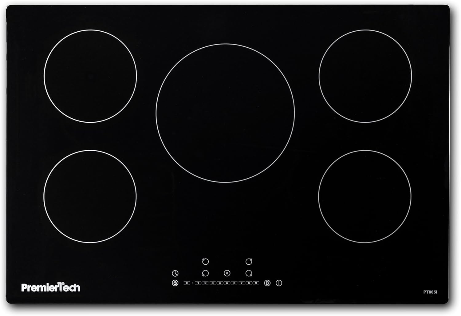 PremierTech PT805I Piano Cottura a Induzione 5 Zone Vetro Nero 80cm (77cm da Incasso) Touch Control Funzione Boost Timer Blocco Sicurezza Regolazione 9 Livelli Compatibile Pentole adatte ad Induzione
