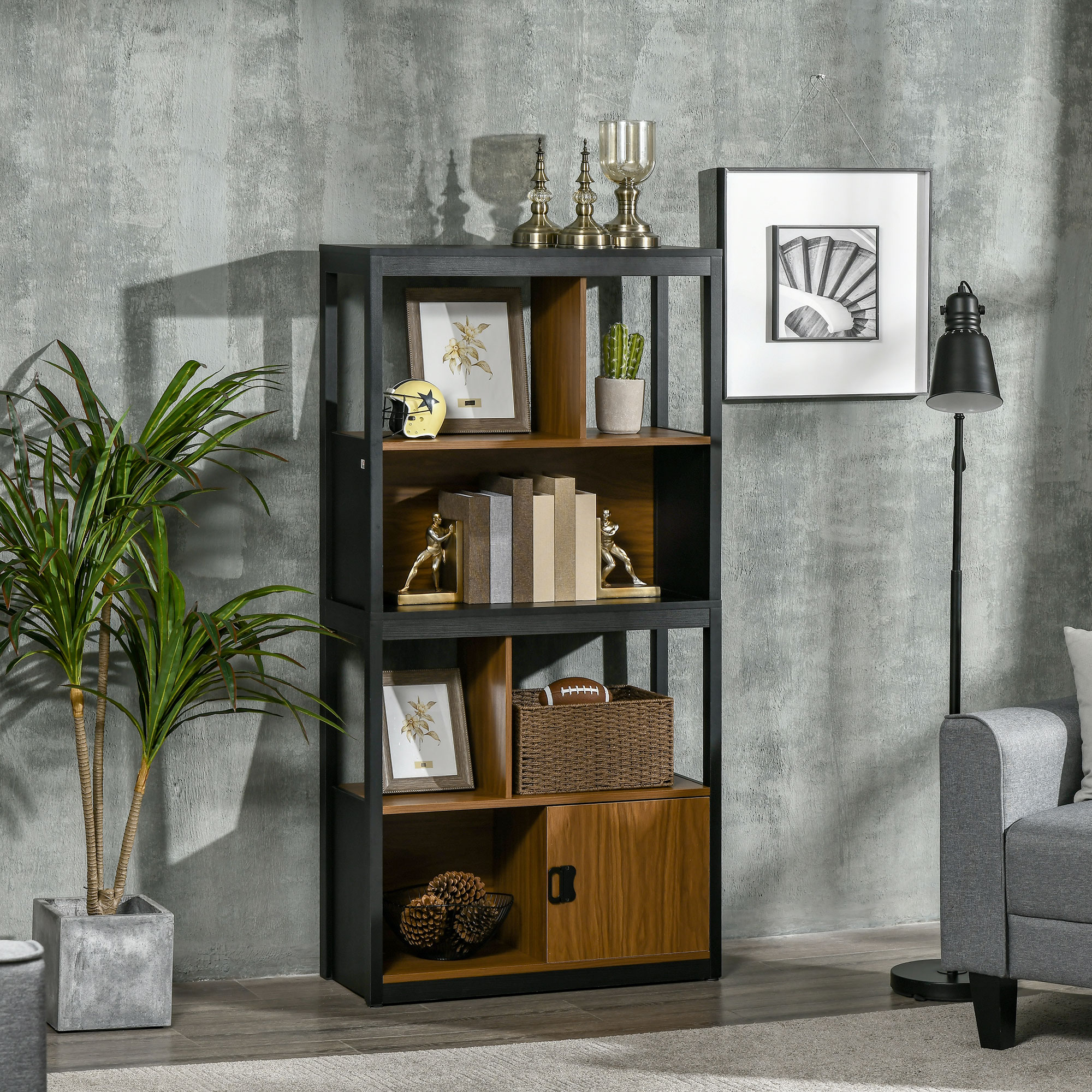 HOMCOM Bücherregal Regal Aufbewahrungsregal 4 Ebenen und 1 Tür für Wohnzimmer Büro Schlafzimmer 76,5 x 30 x 150 cm