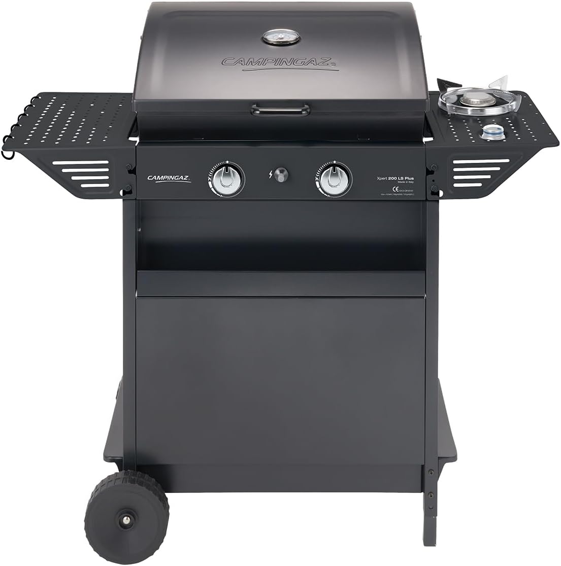 Campingaz Xpert 200 LS Plus Rocky Gas BBQ in Lava Stone, BBQ Cart with 2 Burners and 1 Lat Burner, Cover + Thermometer, Folding Side Shelf, Pot. 8,200 kW + 2.1 kW Lat Burner