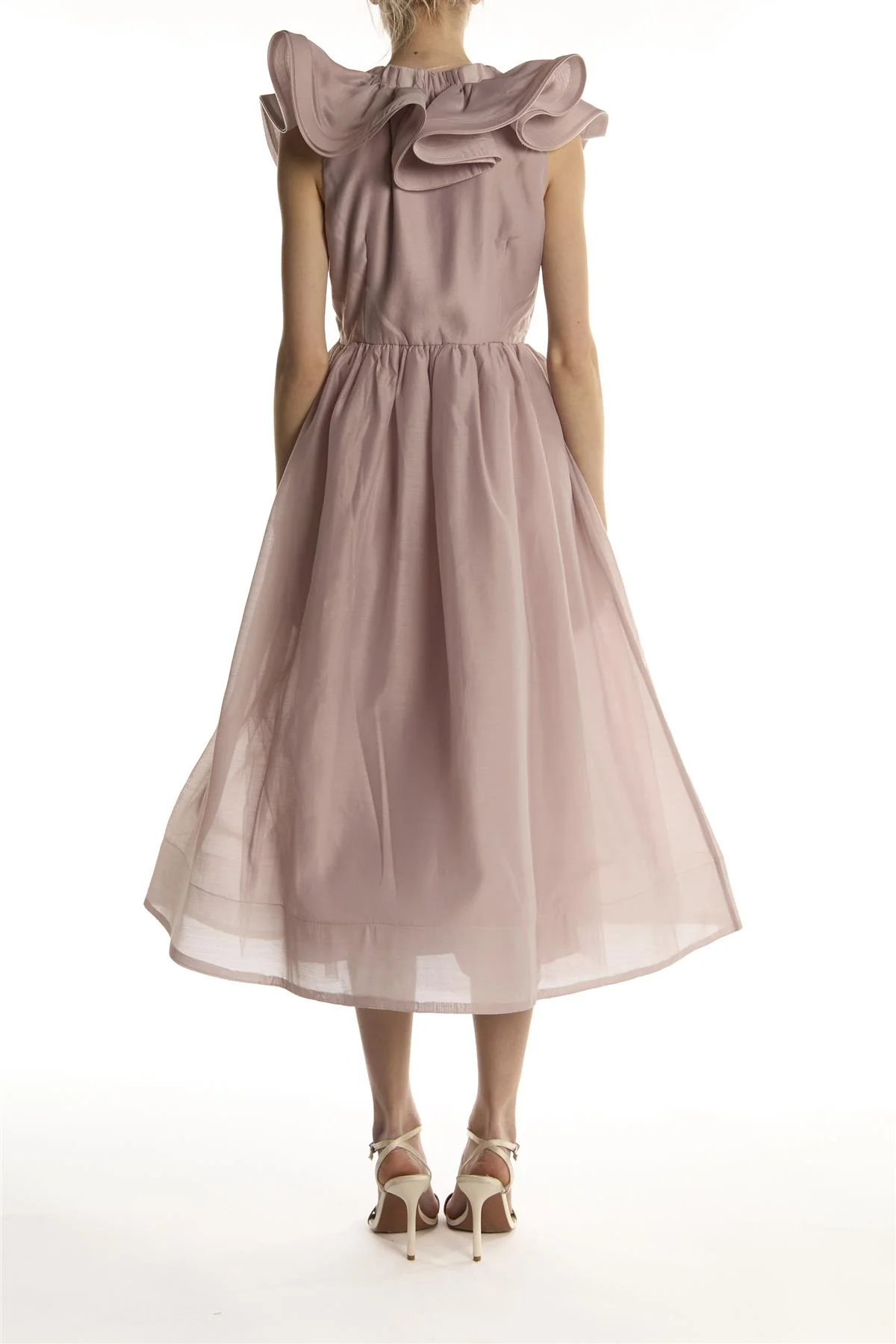 Dusty Mauve Ruffle V neck Midi Dress